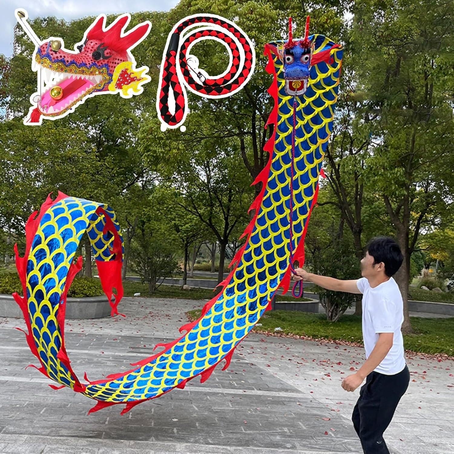 TFG - Ttfd Dancing Dragon with Scales and Head, Outdoor Juggling Flinging Dragon Streamers, Flowing Silk Dragon Dance Ribbons(Blue,10 m (33 ft))