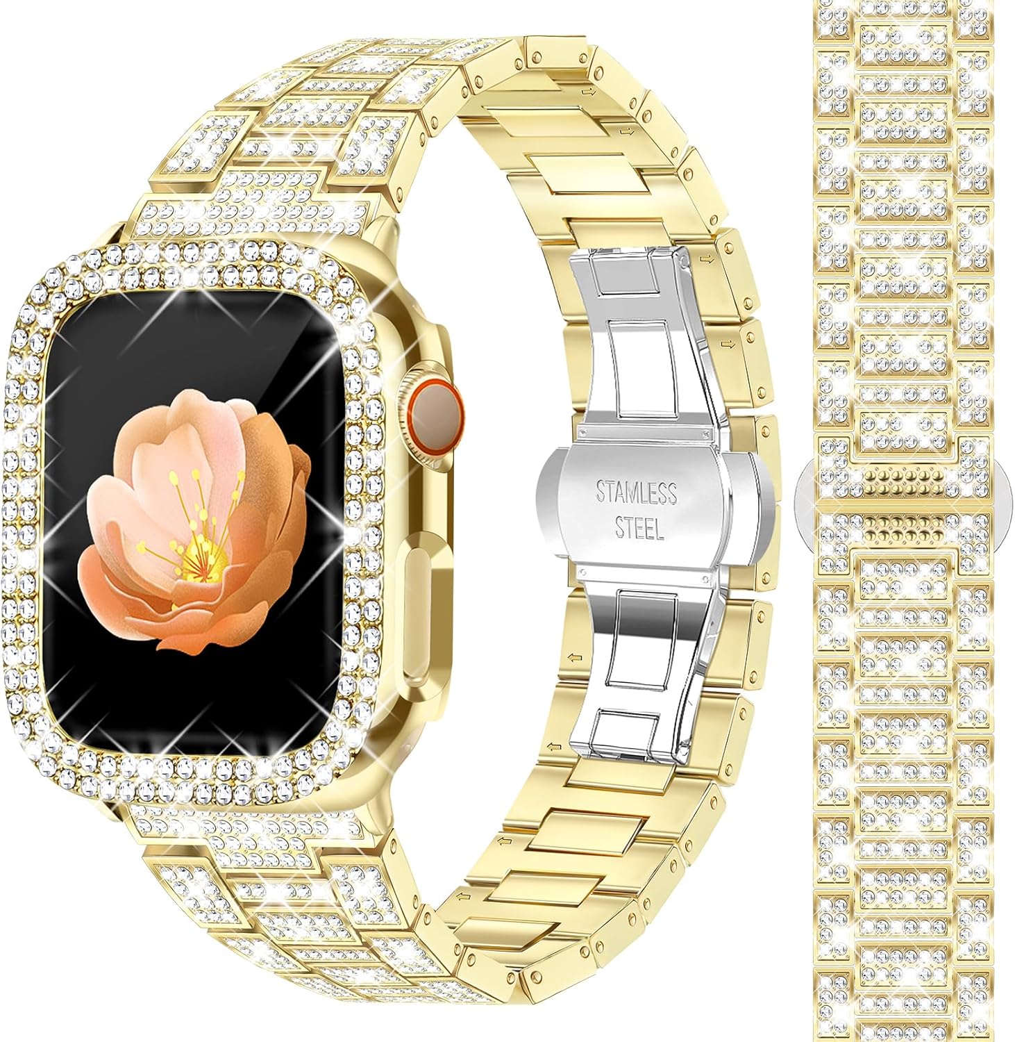 Newlibery Full Bling Watch Bands with Bling Case for Women Compatible with Apple Watch Band 41mm Elegant Dressy Jewelry Replacement Metal Link Wristband Protector Cover for iWatch Series 9/8/7 Gold