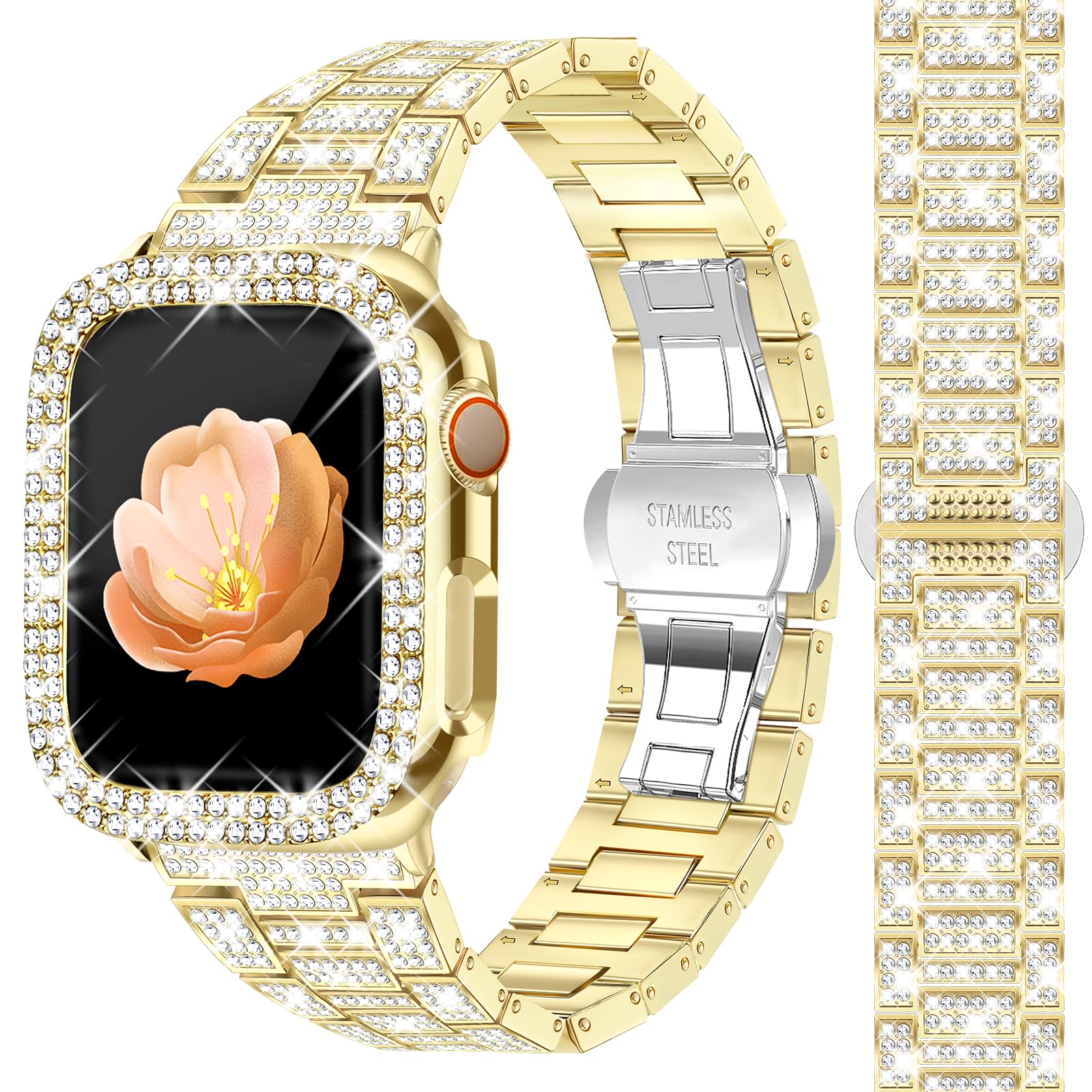 Newlibery Full Bling Watch Bands with Bling Case for Women Compatible with Apple Watch Band 42mm Elegant Dressy Jewelry Replacement Metal Link