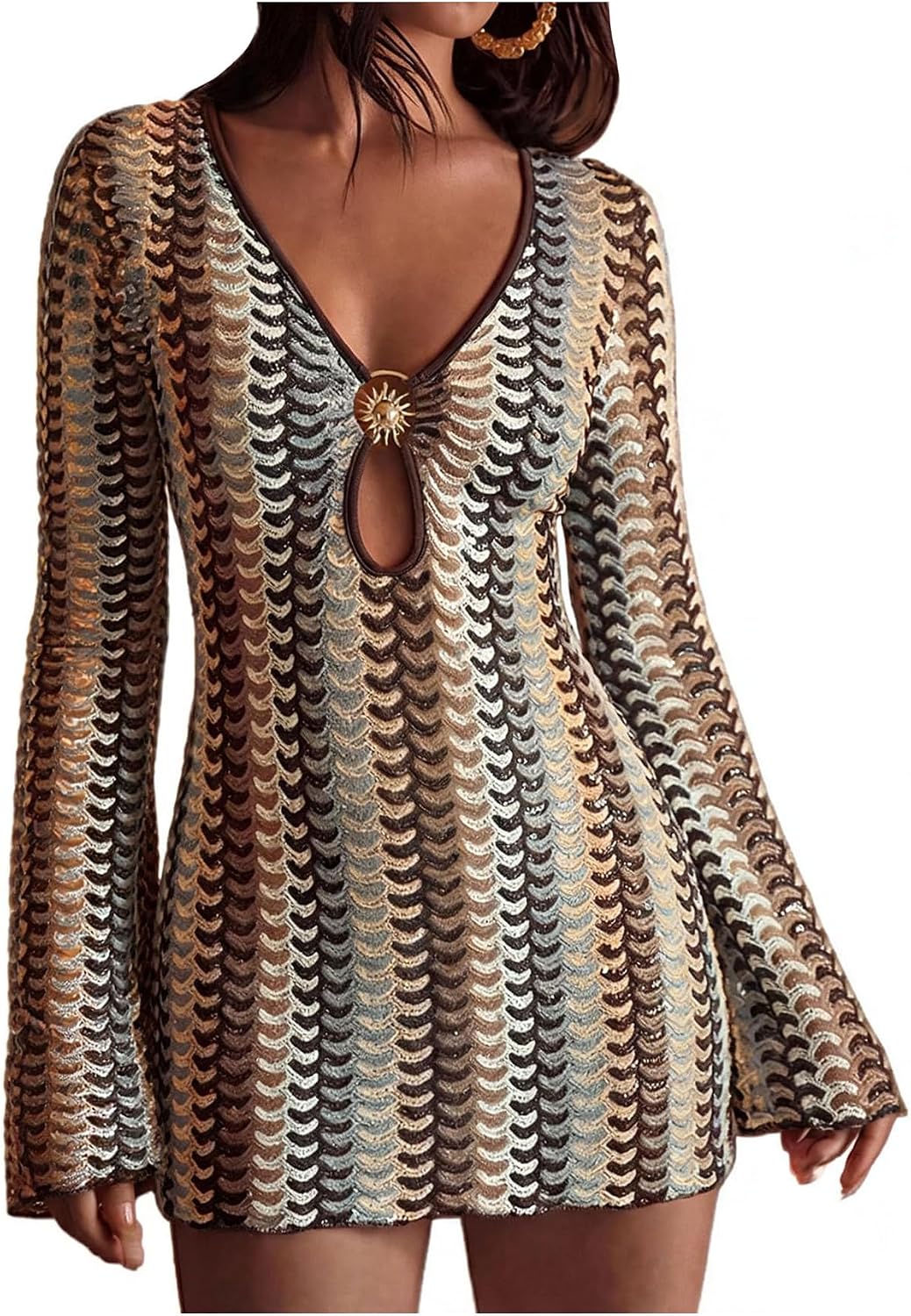 GORGLITTER Women's Crochet Vacation Summer Mini Dress Long Sleeve Boho Beach Bikini Swimsuit Beach Cover Ups Sundresses