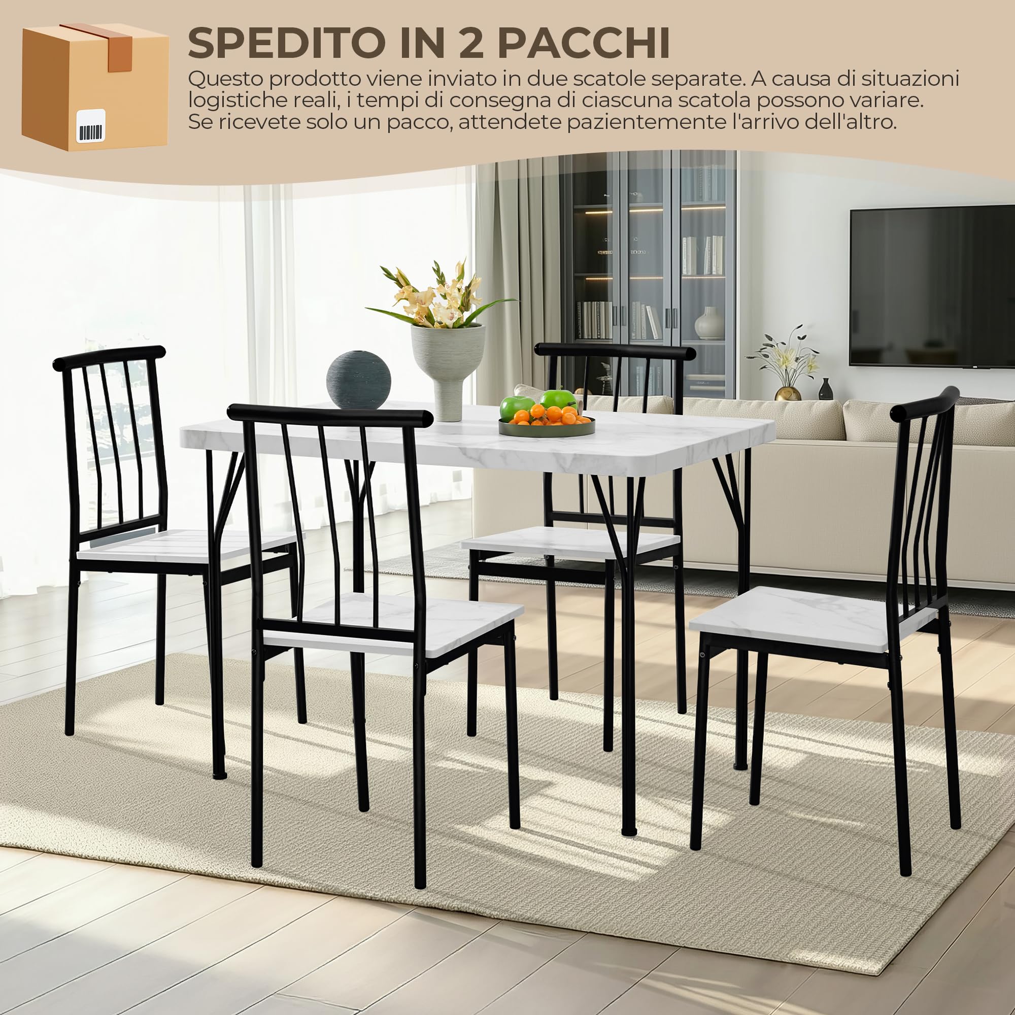 Yaheetech Tavolo da Pranzo con 4 Sedie Industriale Set 5 Pezzi Mobili da Bar Cucina Soggiorno Retro Salvaspazio in Legno e Metallo Marrone Tavolo 110x70x76.5cm Piano Spesso 4cm Bianco/Nero