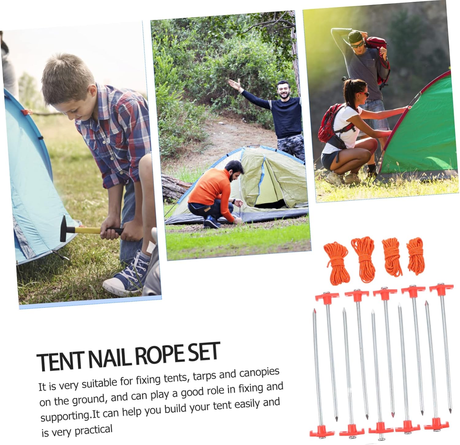 Kisangel Heavy Duty Tent Stakes Kit 10 Metal Tent Pegs Reflective Rope for Camping Hiking and Outdoor Use Sturdy Steel Ground Anchors for Secure Canopy Setup