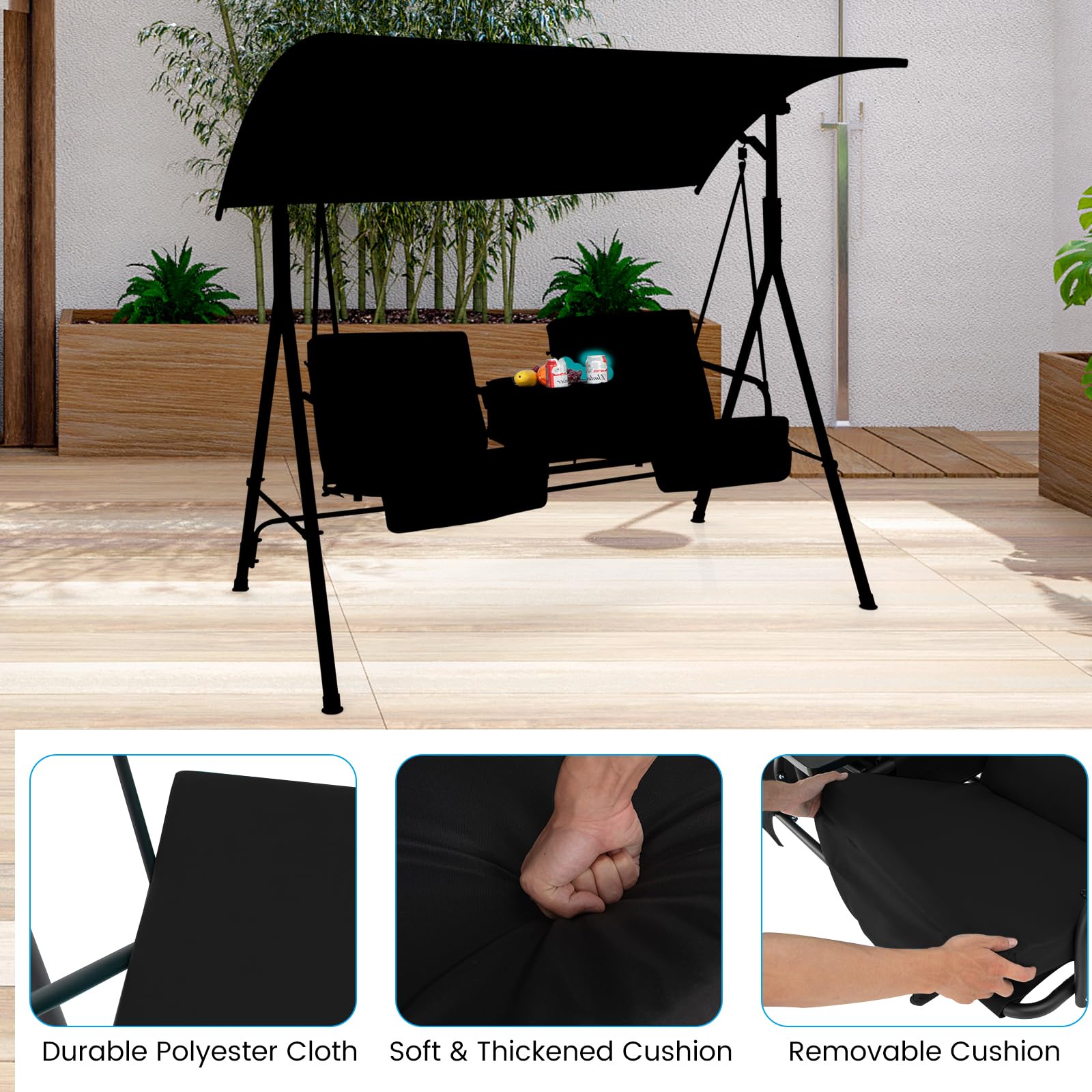 KOMFOTTEU Columpio de Jardín para 2 Personas, Balancín Terreza Exterior con Toldo Ajustable, Banco Mecedora con Bandeja y Bolsa de Refrigeración, para Balcón, Patio (Negro)