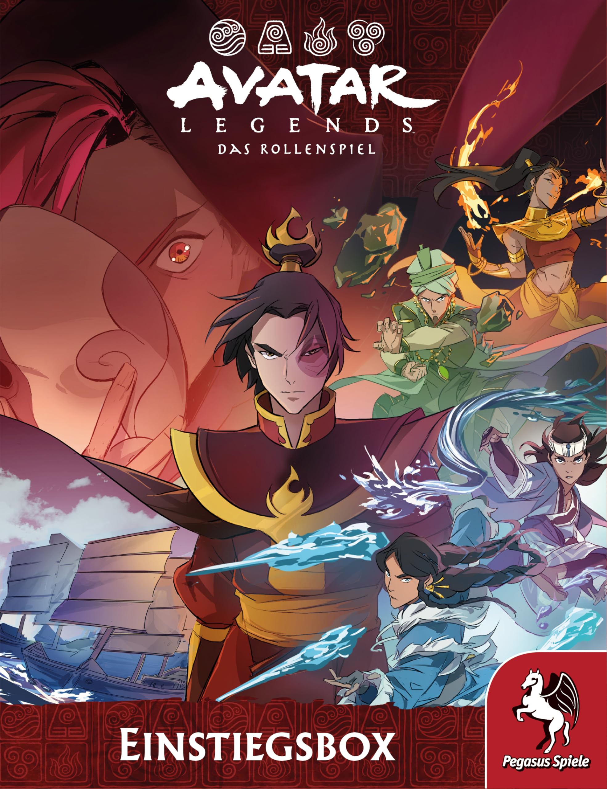 Pegasus Spiele 48110G - Avatar Legends - Le Jeu de rôle : boîte d'entrée de Gamme, Rouge, Bleu, Vert, Jaune