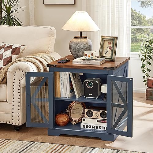 Miniatura 6 de Juego de 2 mesas auxiliares de granja con estación de carga, mesa auxiliar de sofá grande de 24 pulgadas con puerta de granero de cristal, mesita de