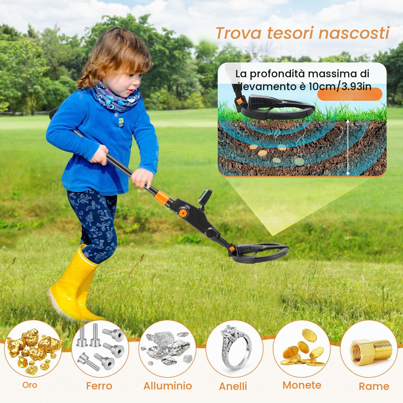 Metal Detector Bambini, Sunowl Metal Detector per Bambino con LCD e Indicazione Sonora, ad Alta Sensibilità con Bobina di Ricerca Impermeabile per la Ricerca di Metalli