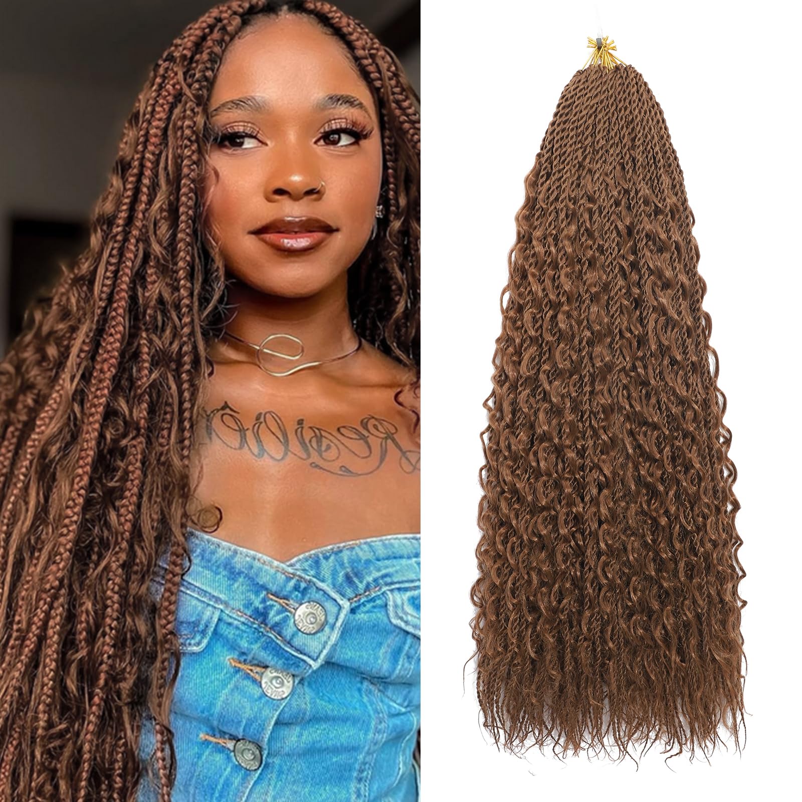 BLTYXT Goddess Boho Box Braids Crochet hair 24 Inch 8 Packs Pre Looped Water Wave Crochet Hair for Women Hair Extension (30