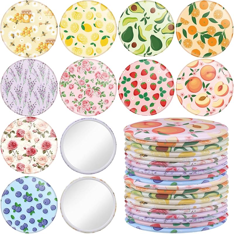 Briwooody Espelhos compactos redondos com estampas de frutas, 7 cm, pacote com 20