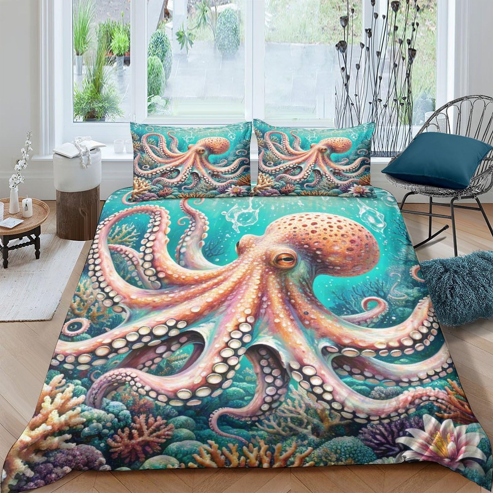 Ctjqhvkz Style-7 3D Printed Ocean Octopus Fitted Sheet Microfiber Soft Breathable Coral Reef Mattress Cover For Bedroom Decor Single（135X200cm）