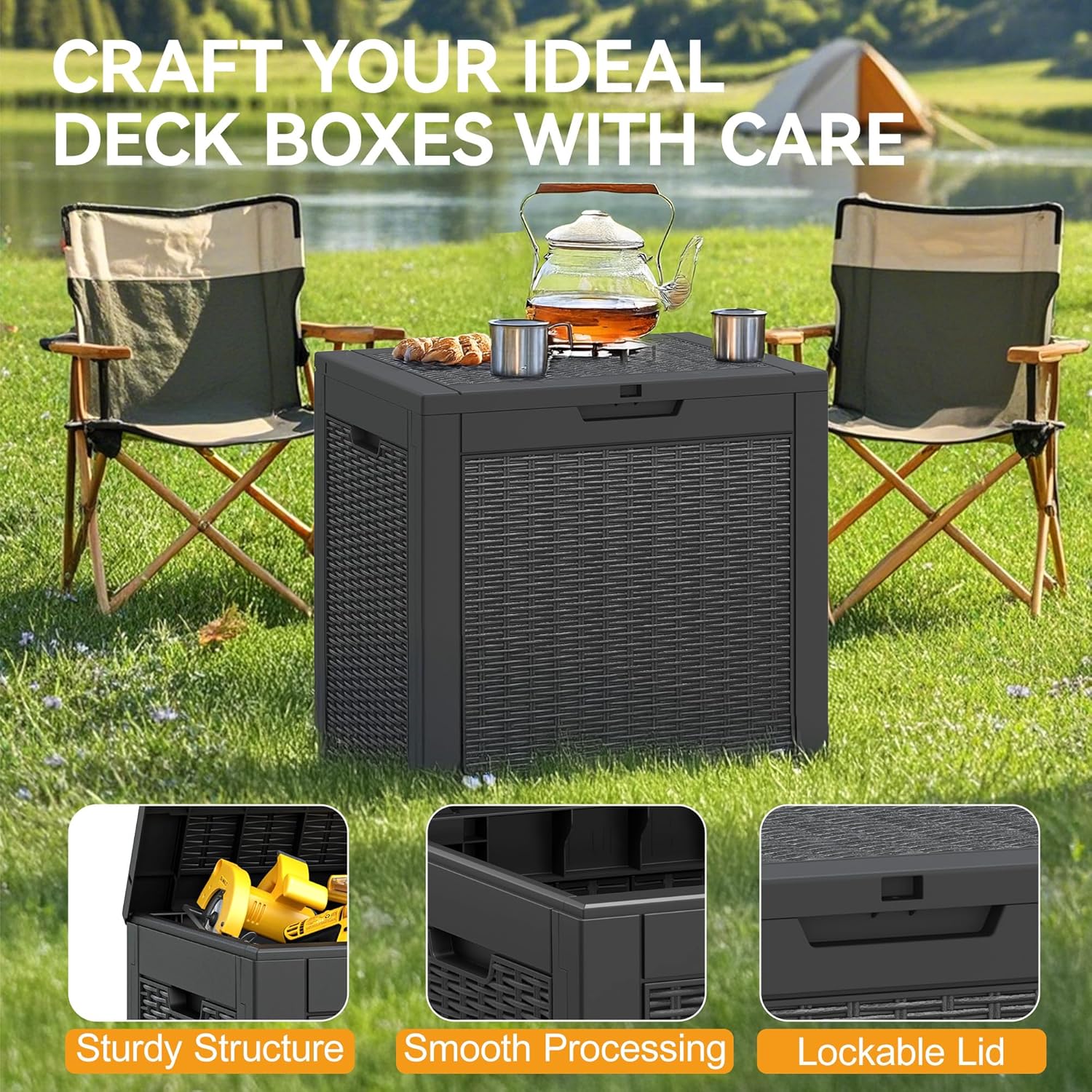 Fancyango 31 Gallon Outdoor Deck Box Waterproof, Storage Box for Patio, Resin Storage Bench Lockable for Garden Tools, Package Delivery, Black - Image 5
