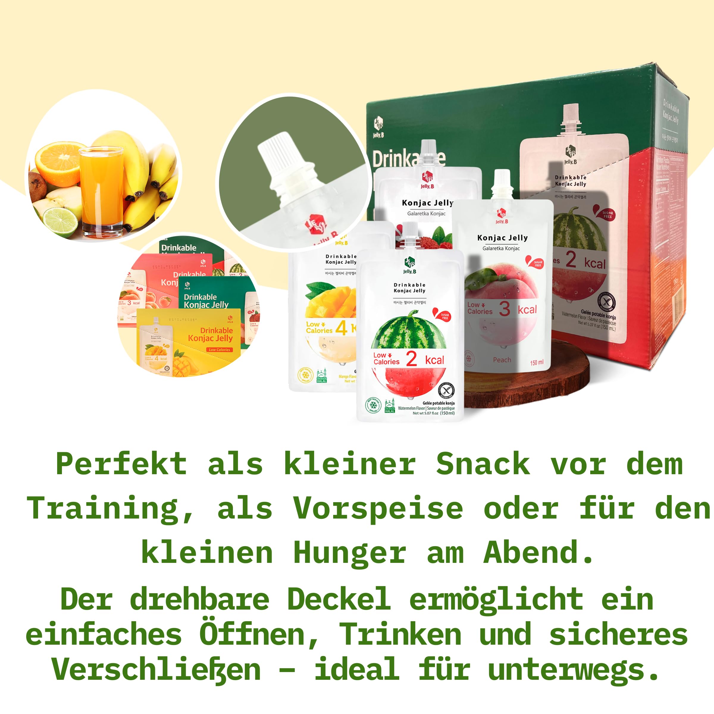 JELLY.B Trinkbares Konjac | 150g x 10er | Kalorienarm, Zuckerfrei, vegan & ballaststoffreich | Gesunder Snack für Diät, Sport & Alltag | Sättigend & Lecker (Pfirsich)