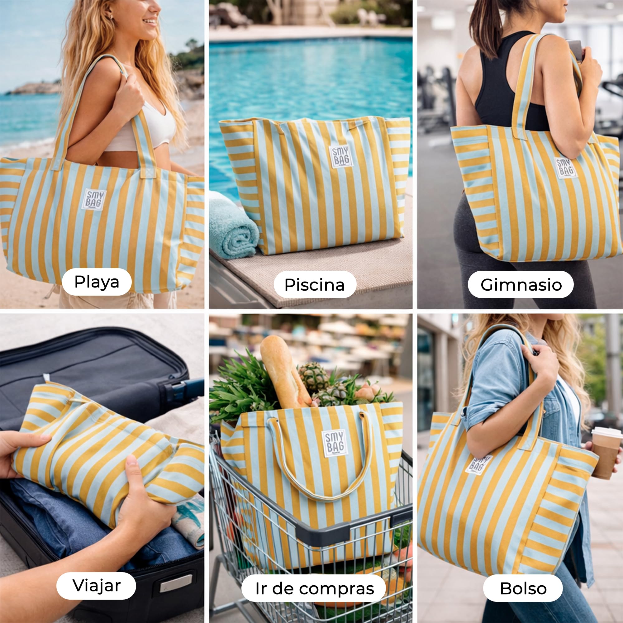 Bolsa de Playa Mujer Menorca Grande - Bolso Playa a Rayas con Cremallera - Shopper Verano Amplio y Resistente - 64x35x23,5 cm