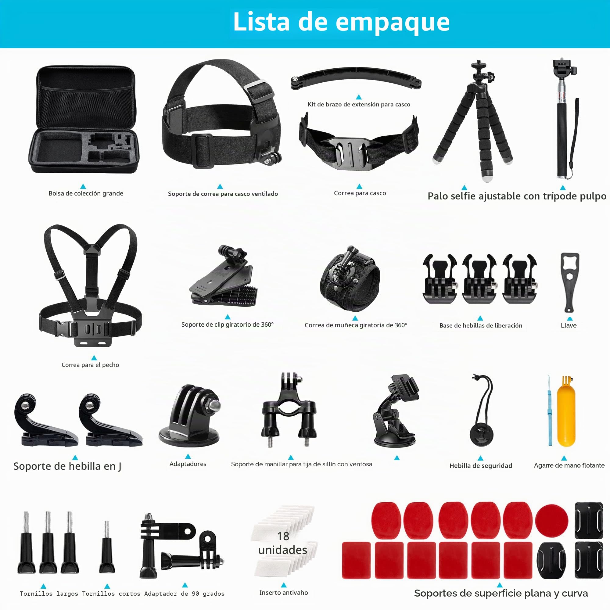 AKASO Cámara Deportiva 60 in 1 Accesorios Kit Compatible con AKASO/GoPro Hero11/Hero10/Hero9/Hero8/Hero7/GoPro Max/Insta360/DJI Osmo Action/ Apexcam/SJCAM/etc Cámara de Acción