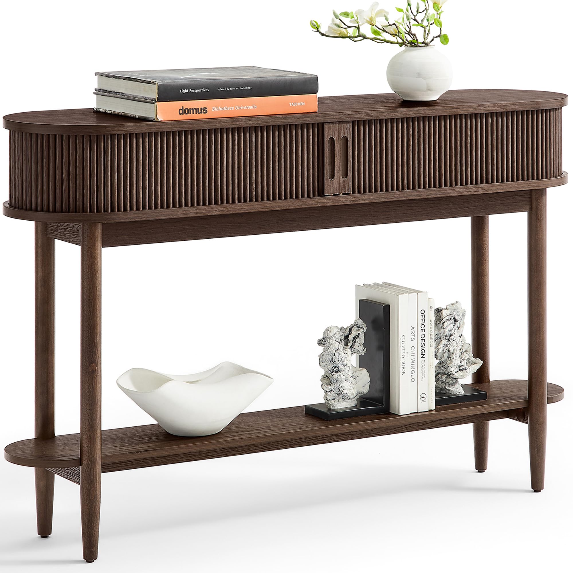 LINSY Fluted Console Table with Storage and Shelves, Walnut