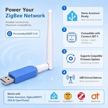 ZigBee 3.0 USB Dongle, Compatible with Connect ZBT-1 | Works with Home Assistant, Zigbee2MQTT & ZHA, supports pop-up pairing, firmware updates, and 3dBi external antenna