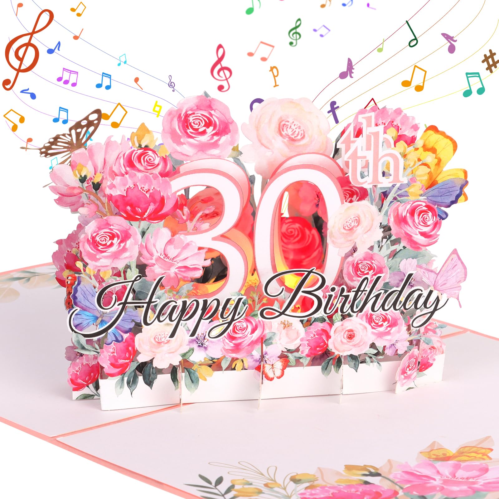 30th Birthday Card, Musical Birthday Card for Women, Pink 3D Pop up Greeting Card with Musical and Flower Happy 30th Birthday Gifts for Women Wife Mom Grandma
