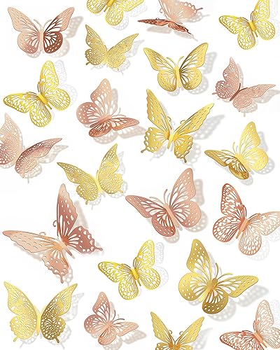 72 piezas de decoración de pared de mariposas 3D, decoraciones de mariposas en oro rosa y dorado, 4 estilos, 3 tamaños, calcomanías de pared de