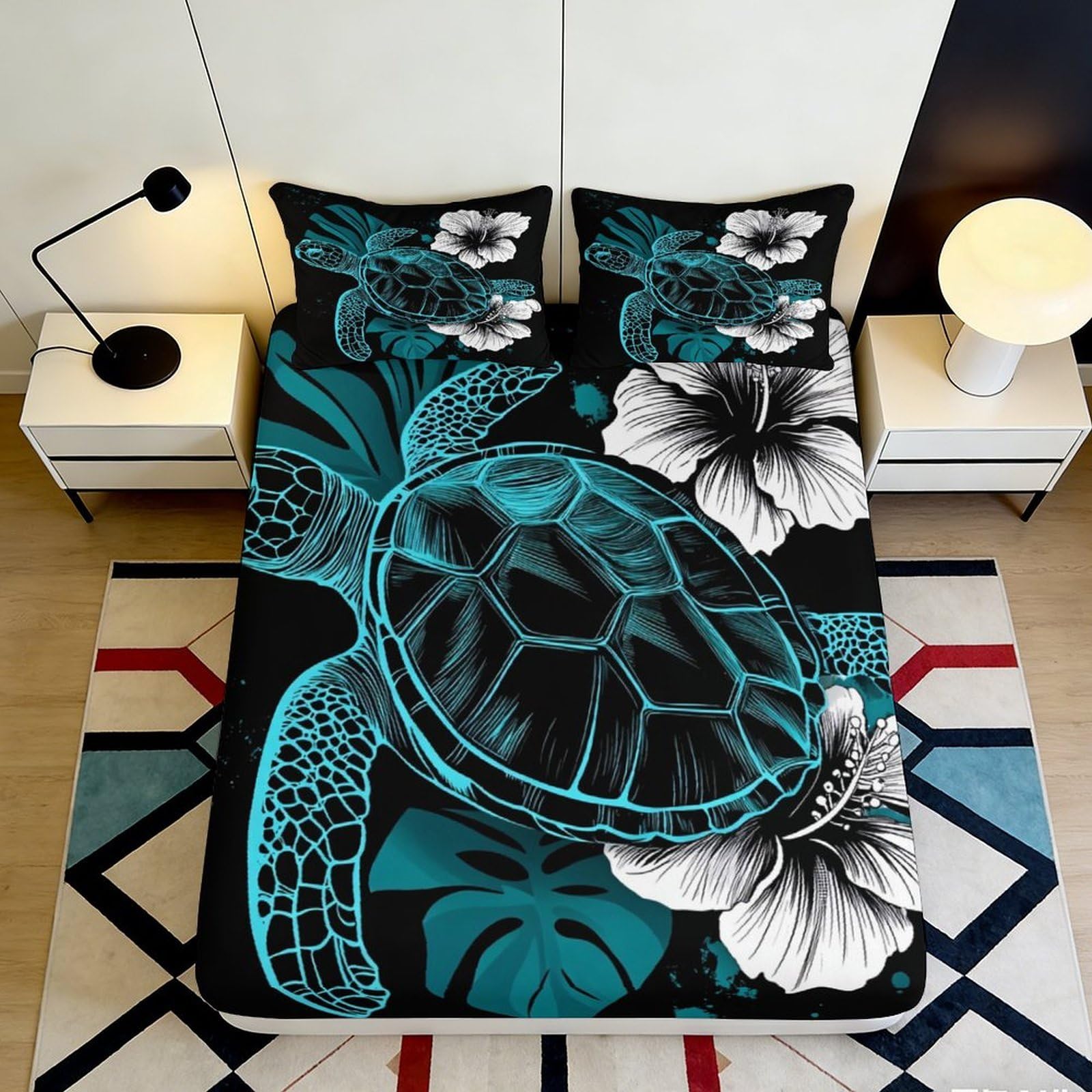 3D Printed Sea Turtle Fitted Sheet Microfiber Decorative Hibiscus Bed Cover for Bedroom Guest Room Dorm Mattress Protection 90x200x25cm