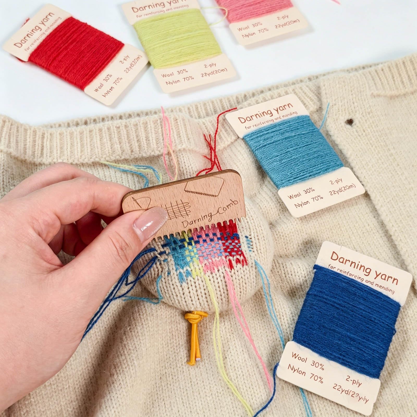 PANGBOER 48-Farben Wollstopfgarn Set mit Nadel, Wollkamm, Stopfkamm für Pullover, Socken, Kleidung, Reparatur und Patchwork, Basteln, Nähen, Reparaturausrüstungsset