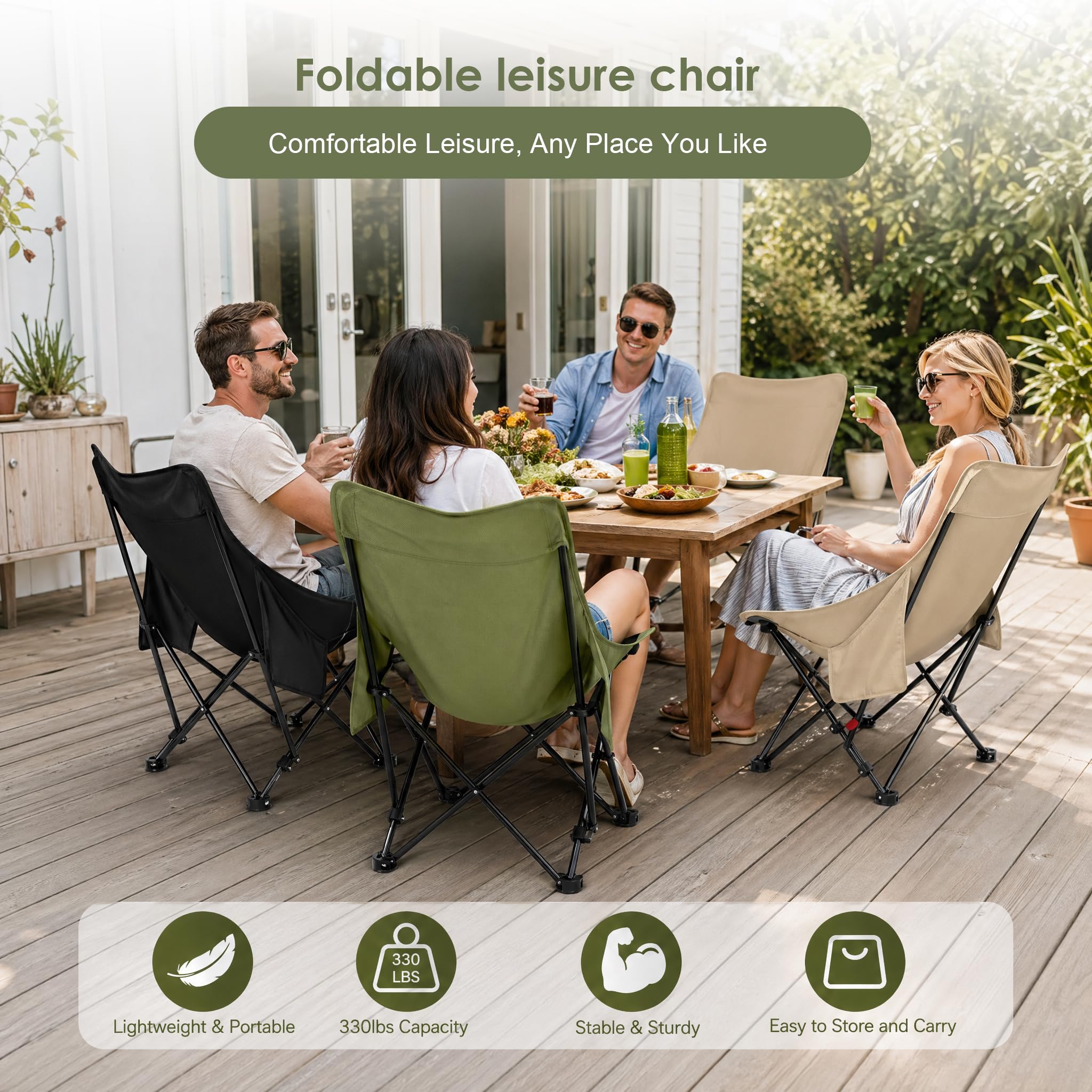 Chaise de camping à dossier haut, pliable, 150 kg, ultra légère, portable, avec 2 poches latérales, chaise pliante de camping, de pêche, avec sac de transport, chaise pliante pour camping, plage