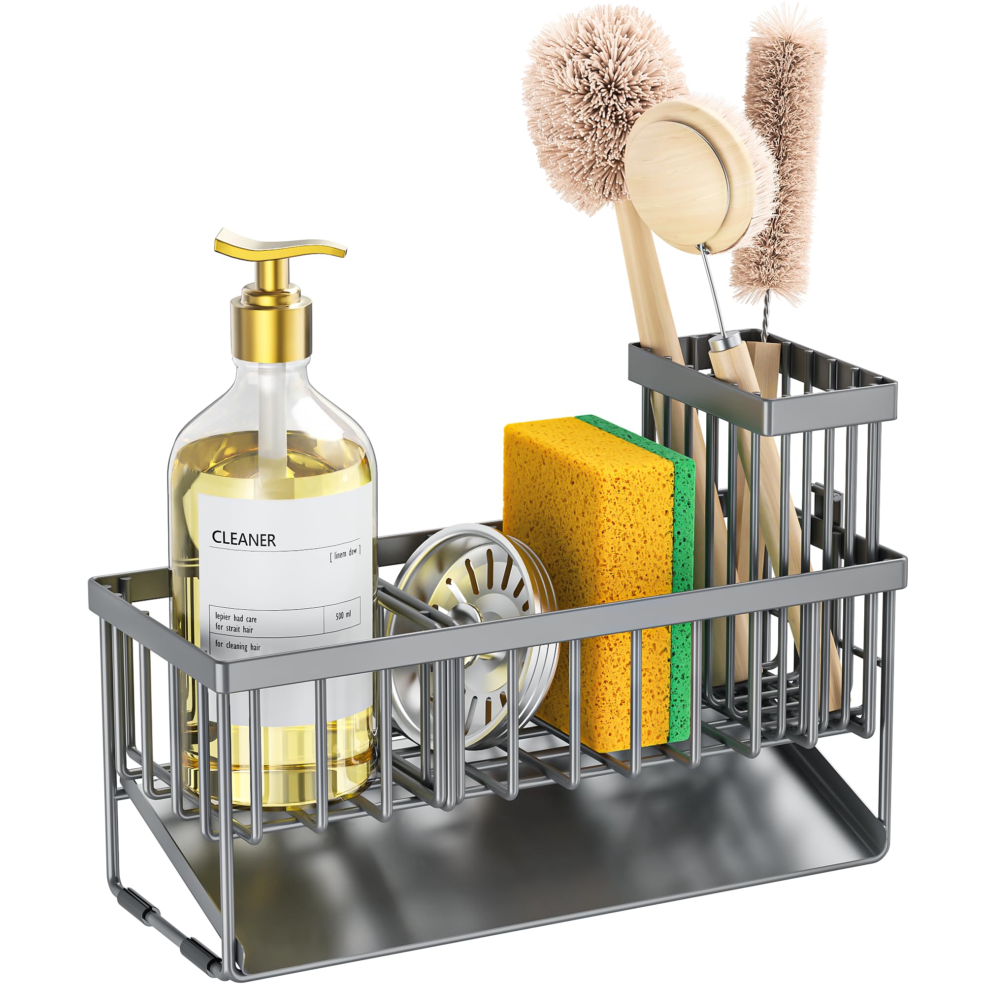 Cisily - Escurridor para fregadero con soporte alto para cepillos, portaesponjas, acero inoxidable 304 antióxido, con dispensador de jabón, decoración y accesorios de cocina en gris oscuro