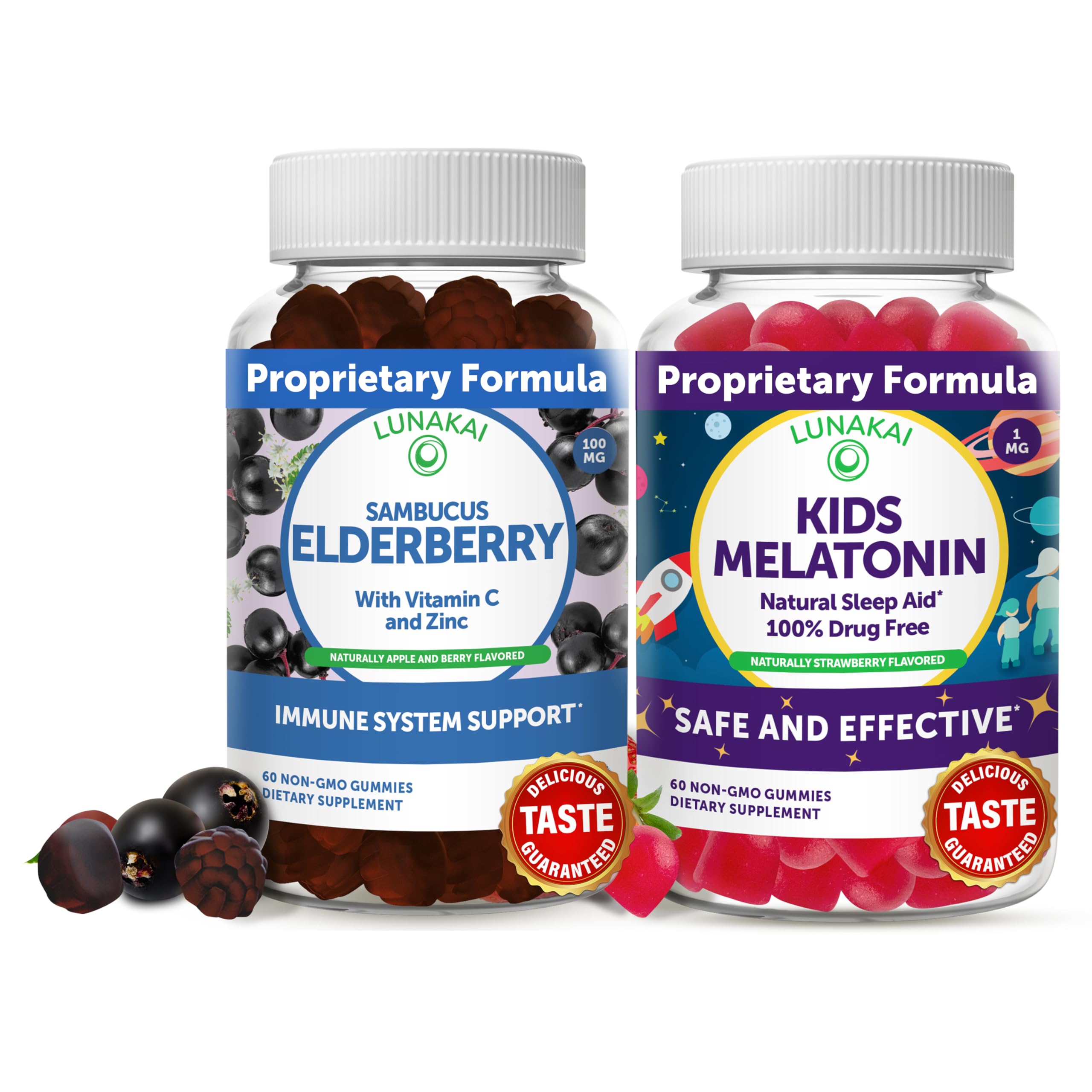 Lunakai Adult Elderberry and Kids Melatonin Gummies Bundle - Immune Support with Zinc and Vitamin C for Adults & Children - Non-GMO, Vegan, Gluten Free Natural Sleep Gummy