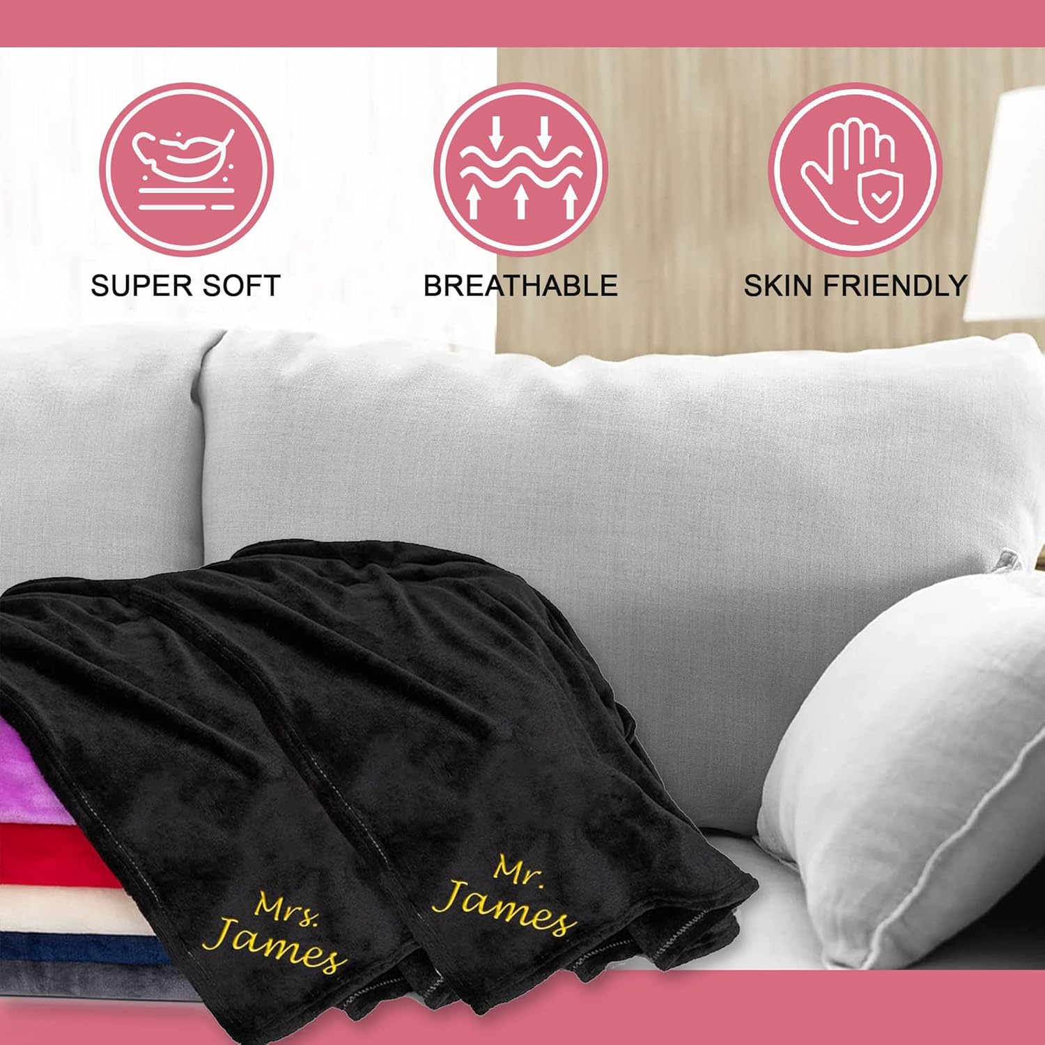 Personalized Passion Blankets for Couples with Custom Names - 2 Pack Customized Mr and Mrs Blankets for Him and Her - Super Soft and Cozy Fleece Throw - 40x60 Inches - Black