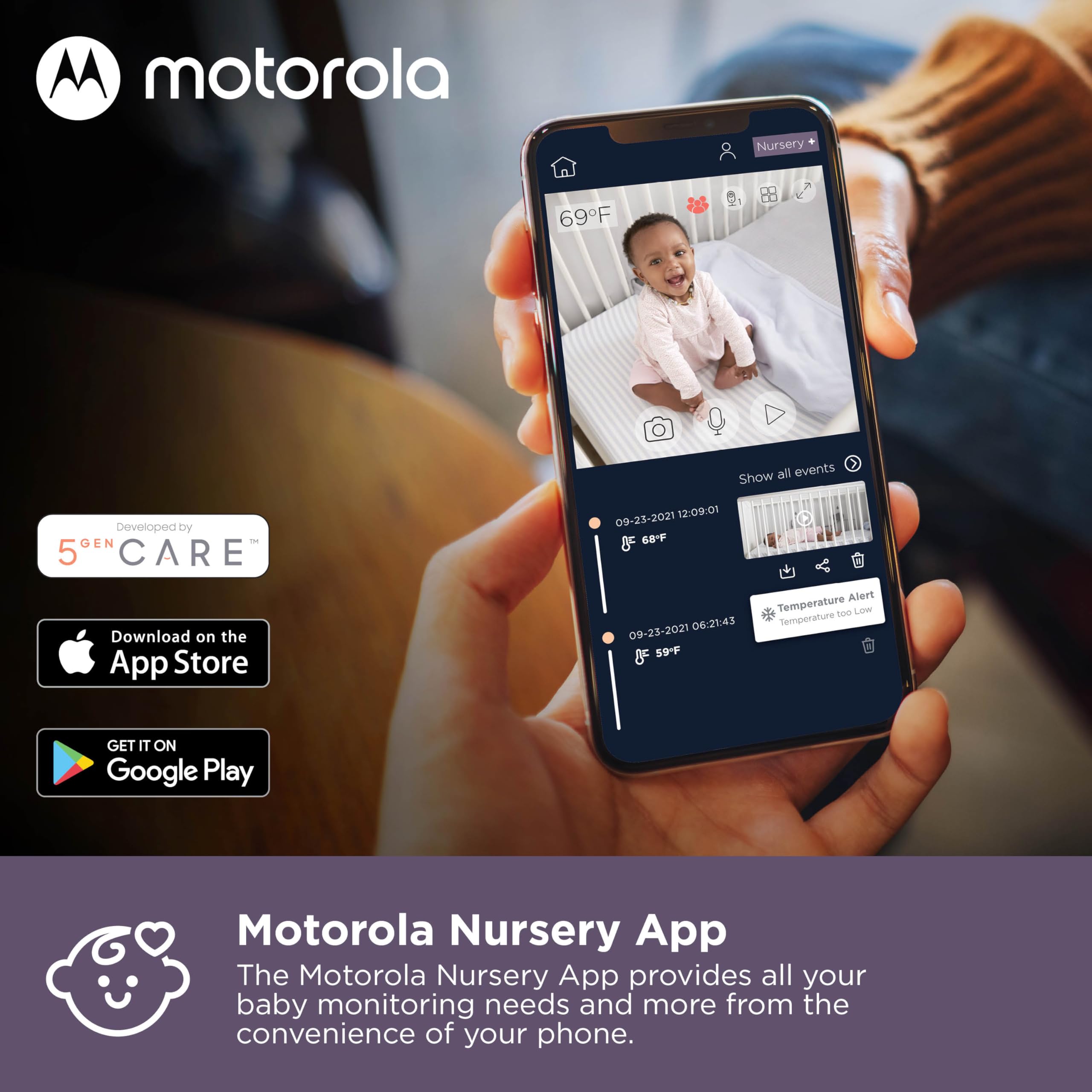 Motorola Nursery VM85 Monitor de Video Para bebé de 5 Pulgadas Wi-FI Con Luz de Estado de ánimo, conversación bidireccional, Luz Multicolor, transmisión 24 Horas