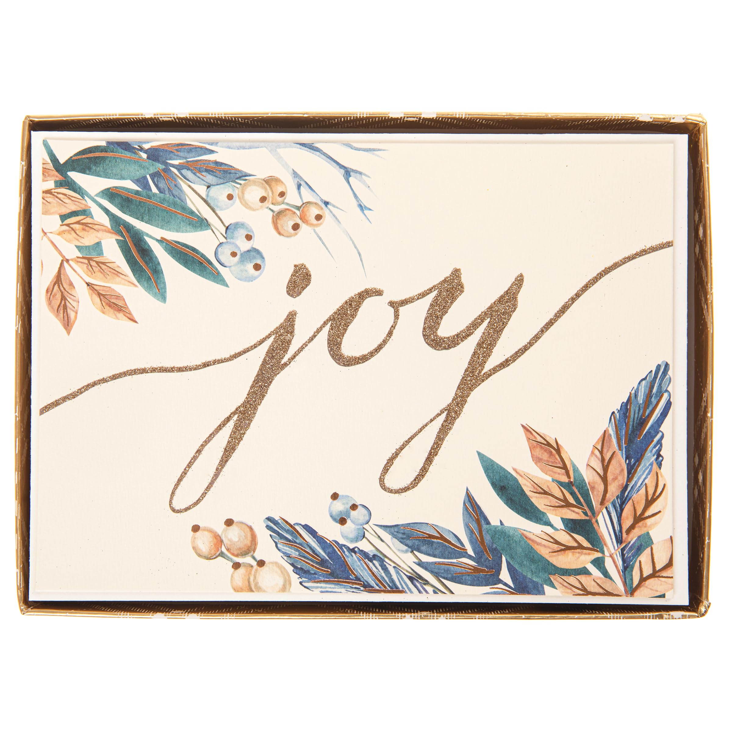 Graphique Joy Script Holiday Cards | Pack of 15 Cards with Envelopes | Christmas Greetings | Rose Gold Foil and Glitter Accents | Boxed Set | 4.75" x