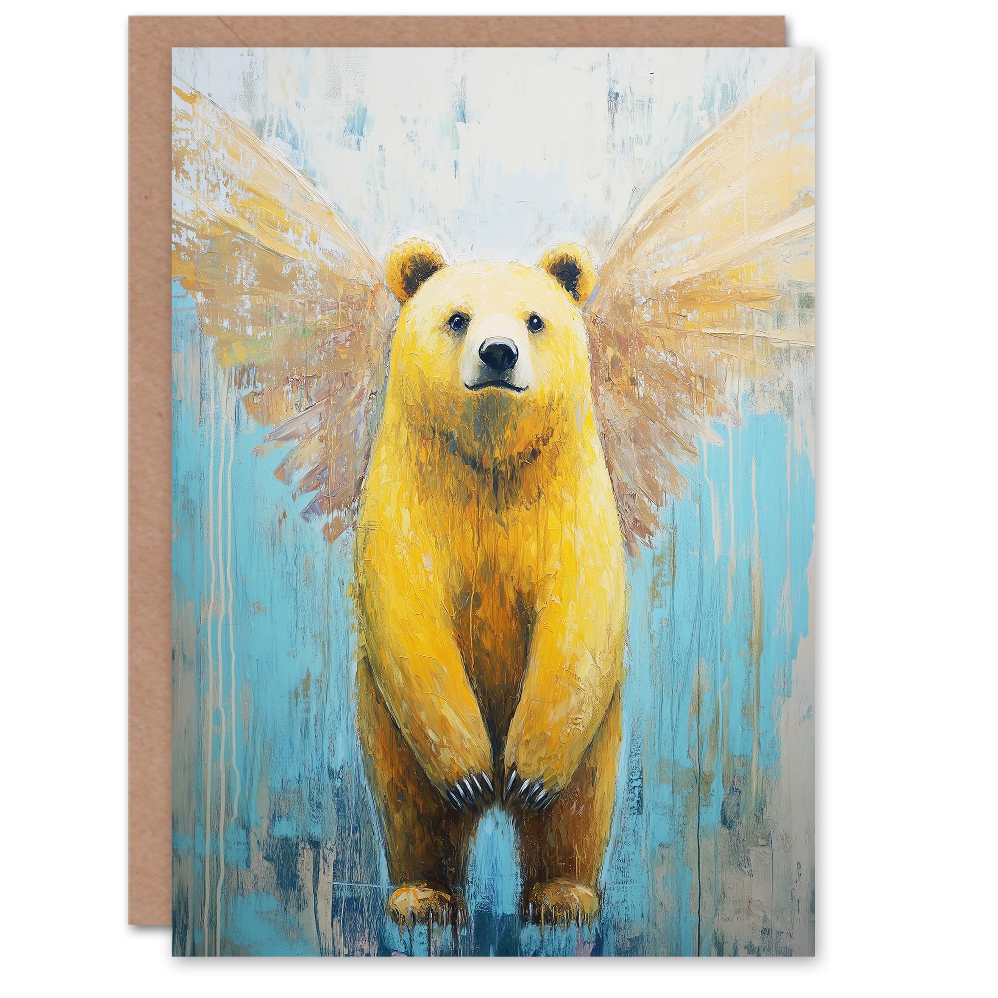 Cute Yellow Bear With Angel Wings Oil Painting Birthday Greeting Card