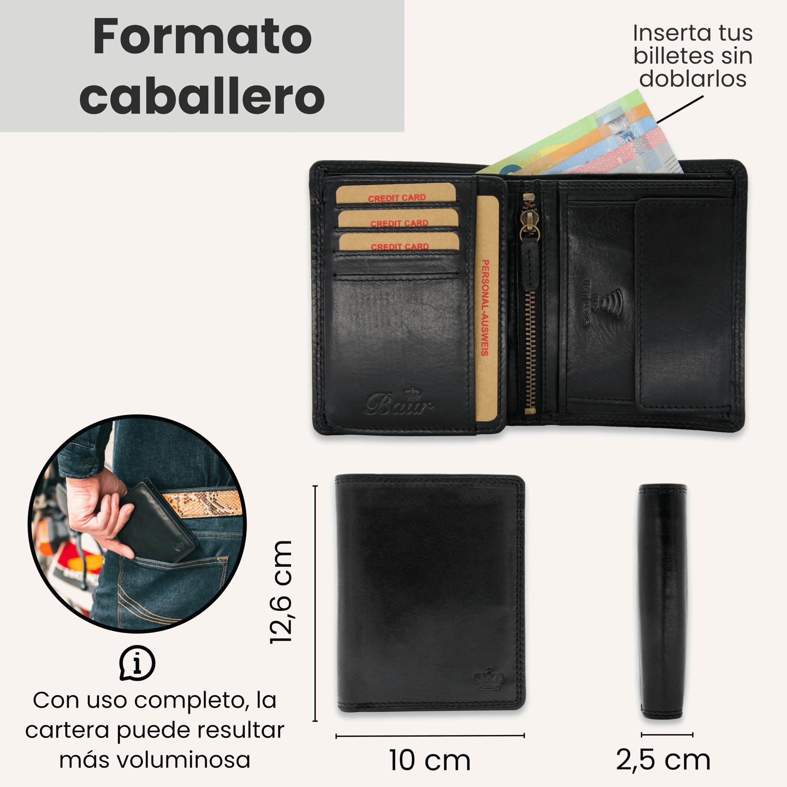 Baur - Cartera de piel auténtica para hombre, con protección RFID, Negro , 10cmx12,6cmx2cm, Clásico