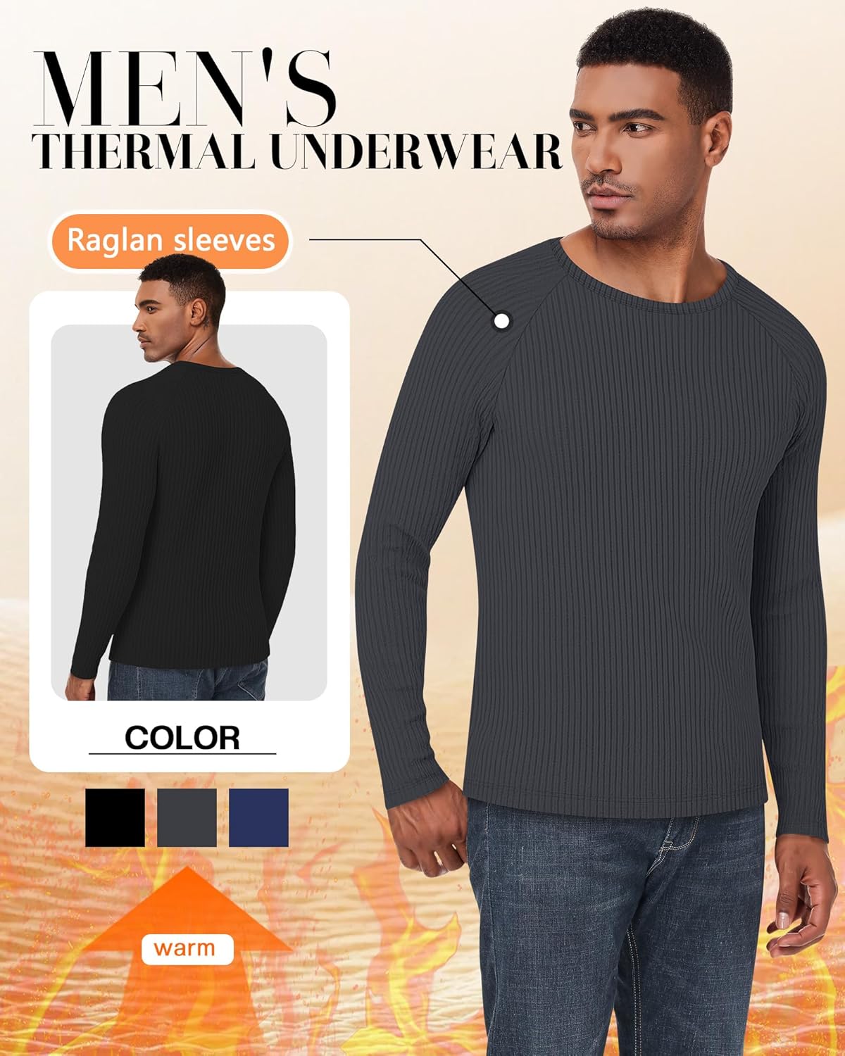 3 Pack Men's Ribbed Thermal Long Sleeve Shirts 90% Cotton Crew Neck Pullover Tops Slim Fit Winter Undershirts - Image 3