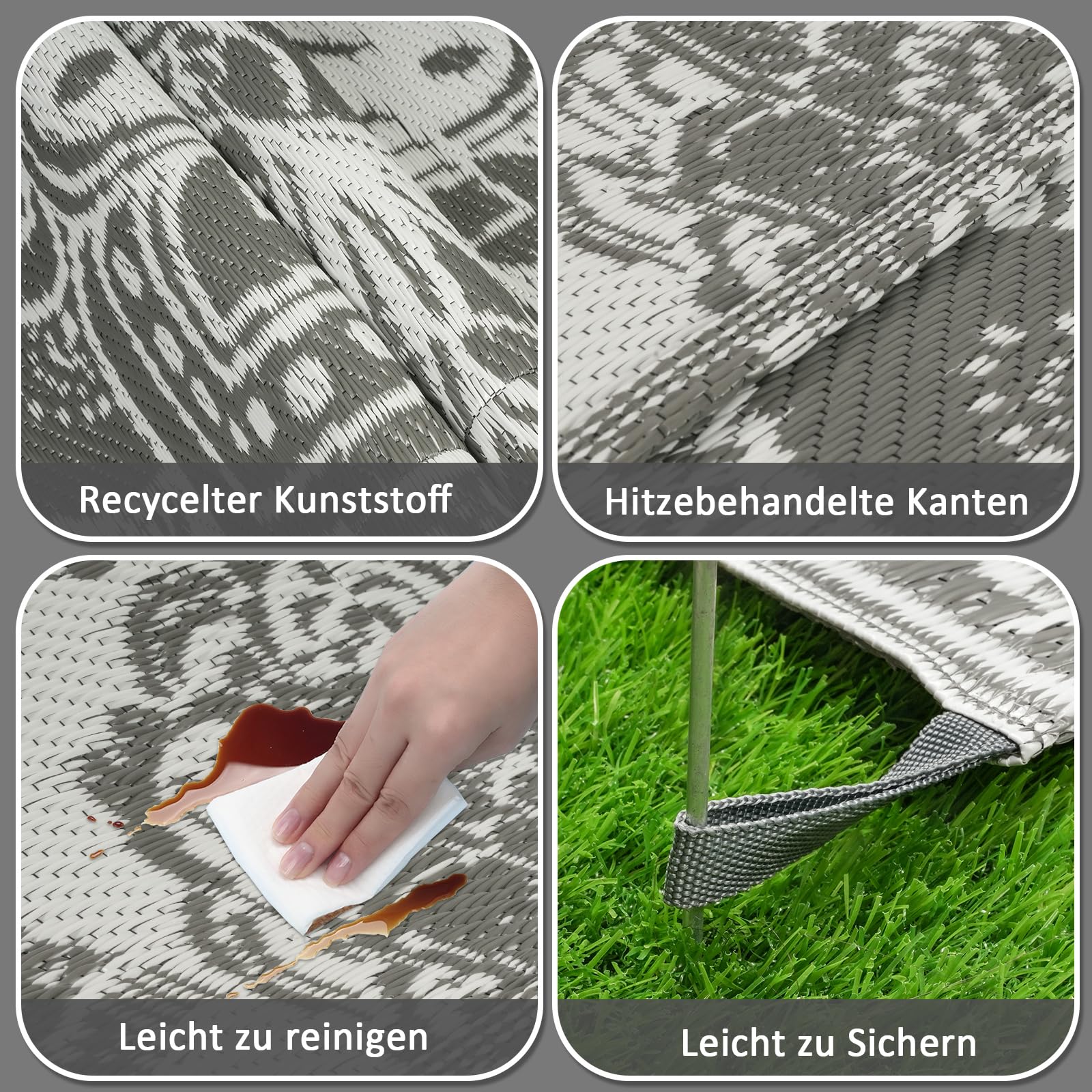 Outdoor Teppich Wetterfest 150×245 cm, Wendbarer Balkon Teppich Boho Wasserfest Aussen Grau, Kunststoff Stroh Camping Teppich für Draußen Terassen Garten Picknick Wohnmobil
