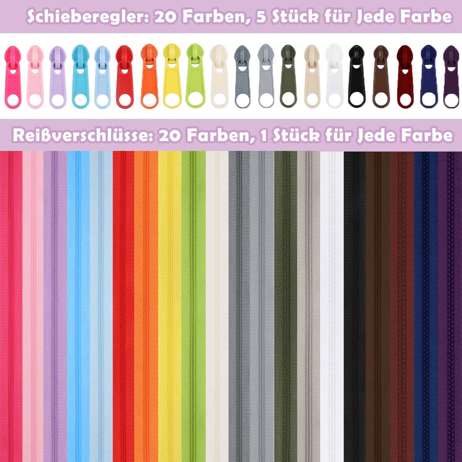 Cnwinu 60M Sewing Zippers Bulk, 20 Colours DIY Zipper Separable with 100 Sliders Set, Zip Repair Kit for Sewing Crafting - Image 3