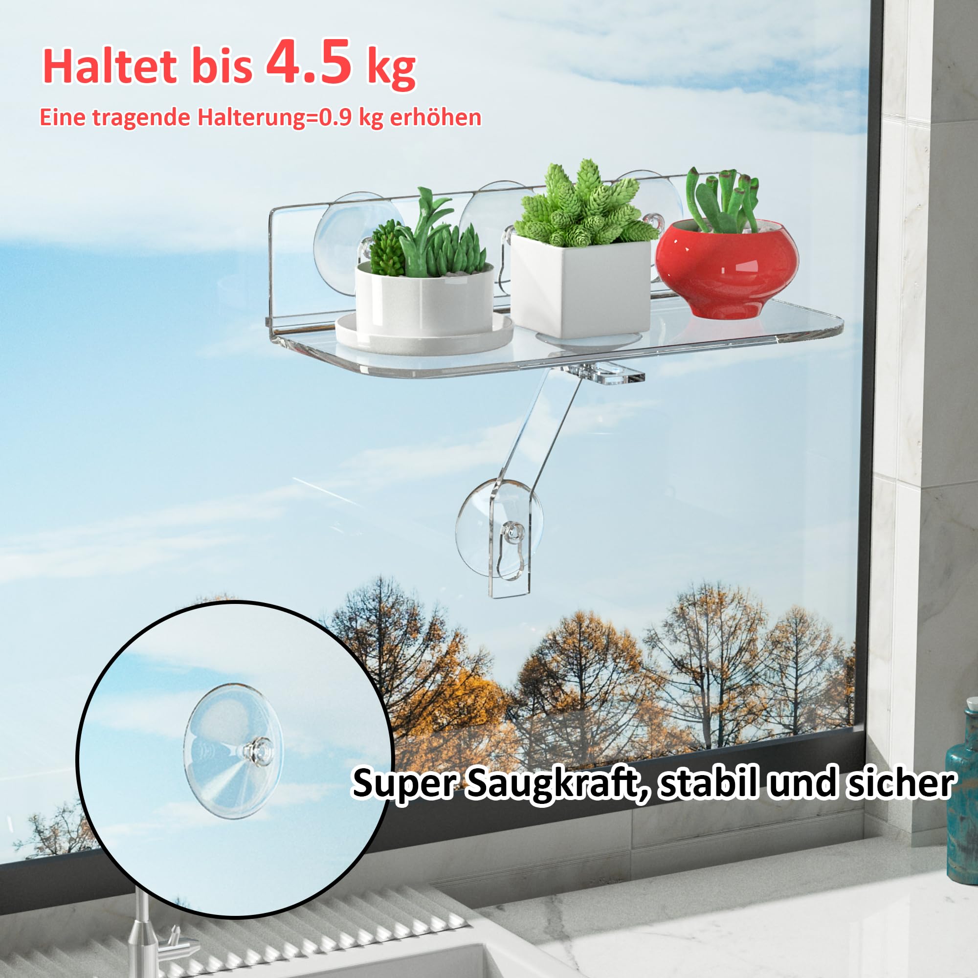 Clear Acryl Fenster Pflanzenregale, 30CM Fenster Pflanzenständer mit Beinen, Keine Notwendigkeit Drilling Indoor Fenster Saugnapf Regal Wand Regal für Pflanzen(2 Packung)