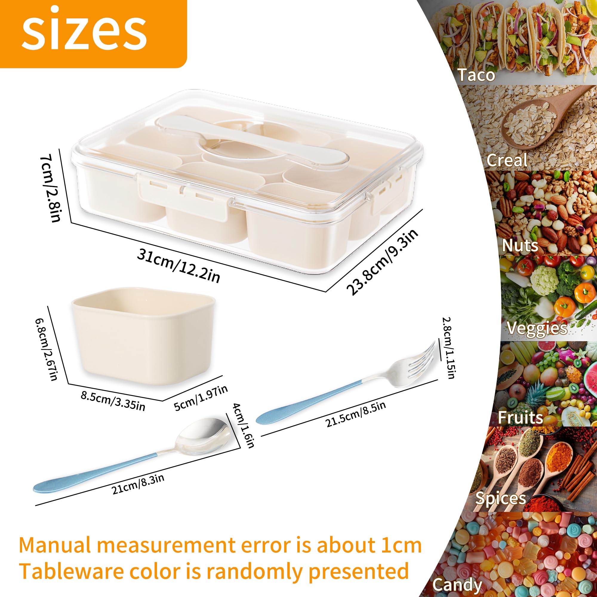 VIDONIO Bandeja dividida para servir con tapa y asa, organizador portátil de 9 compartimentos, caja de conservación fresca para caramelos, frutas, frutos secos, especias, charcutería, contenedor para