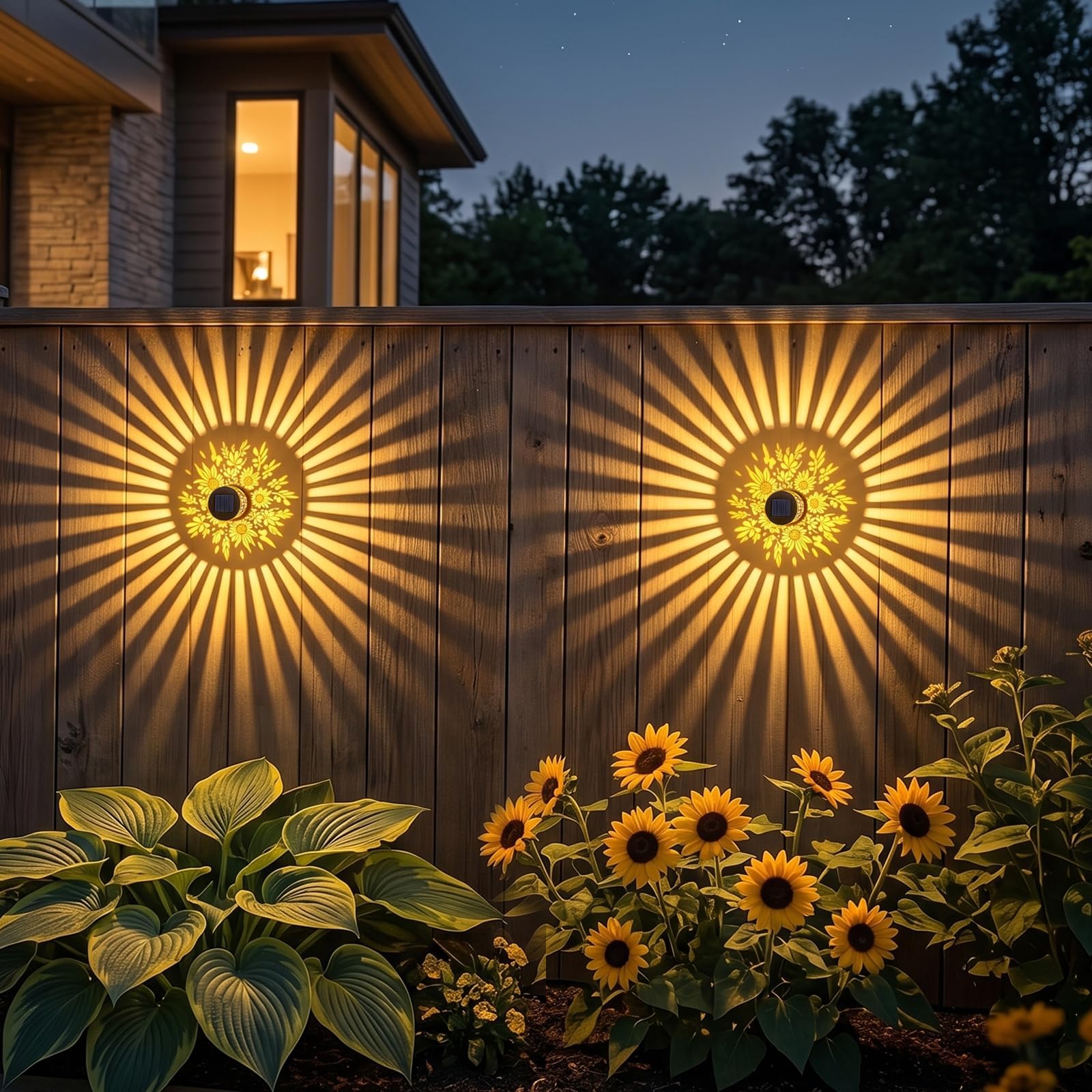 AVEKI Solar Outdoor Fence Lights, 2 Pack Solar Powered Metal Deck Step Wall Lights, Waterproof Garden Light for Patio Backyard Yard Post Decor, Gardening Gifts for Women Mom (Warm-Sunflower)