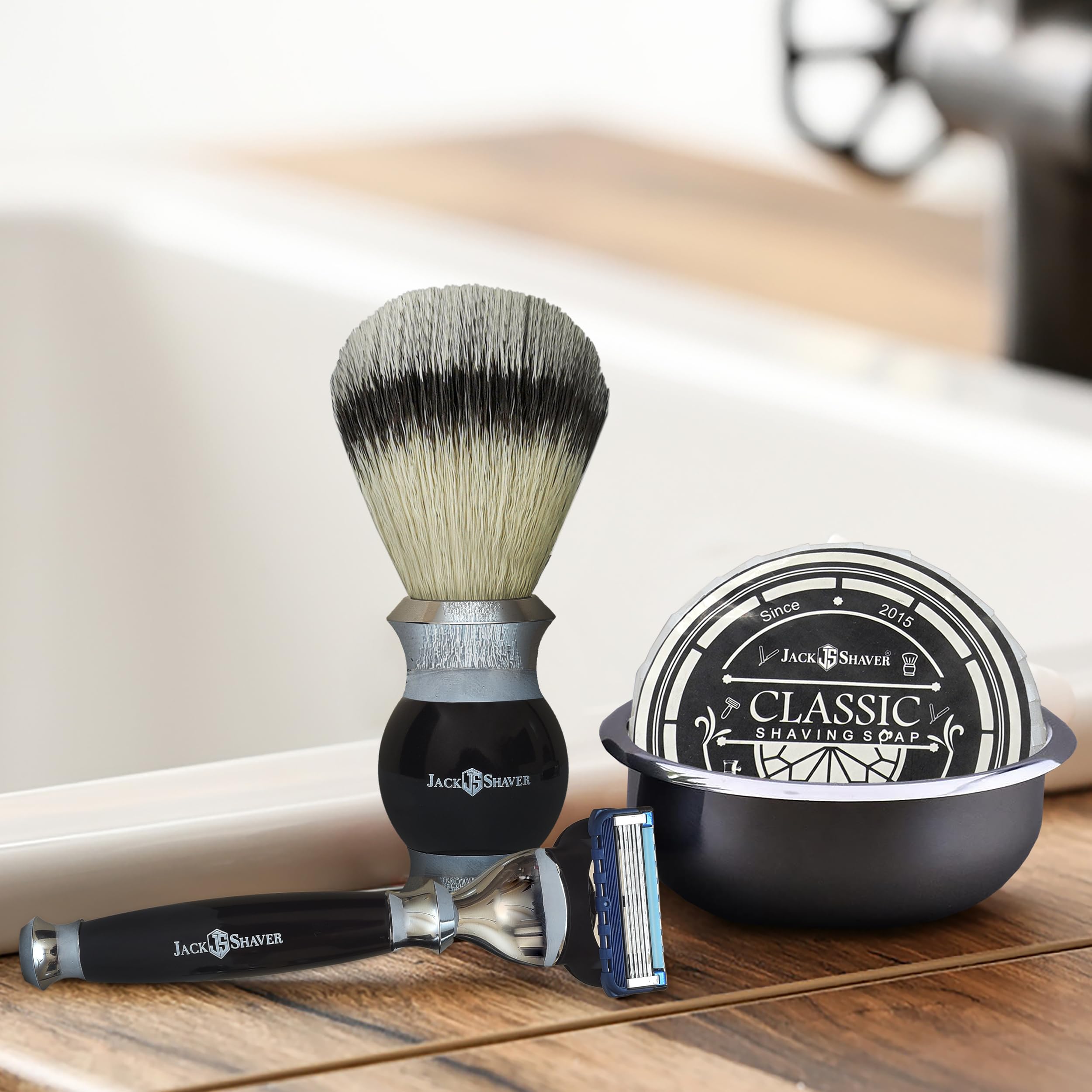 Set da barba da uomo, kit da barba personale da 5 pezzi, rasoio da barba a 5 bordi, pennello da barba in tasso sintetico, sapone e ciotola, supporto da barba, miglior regalo per uomini
