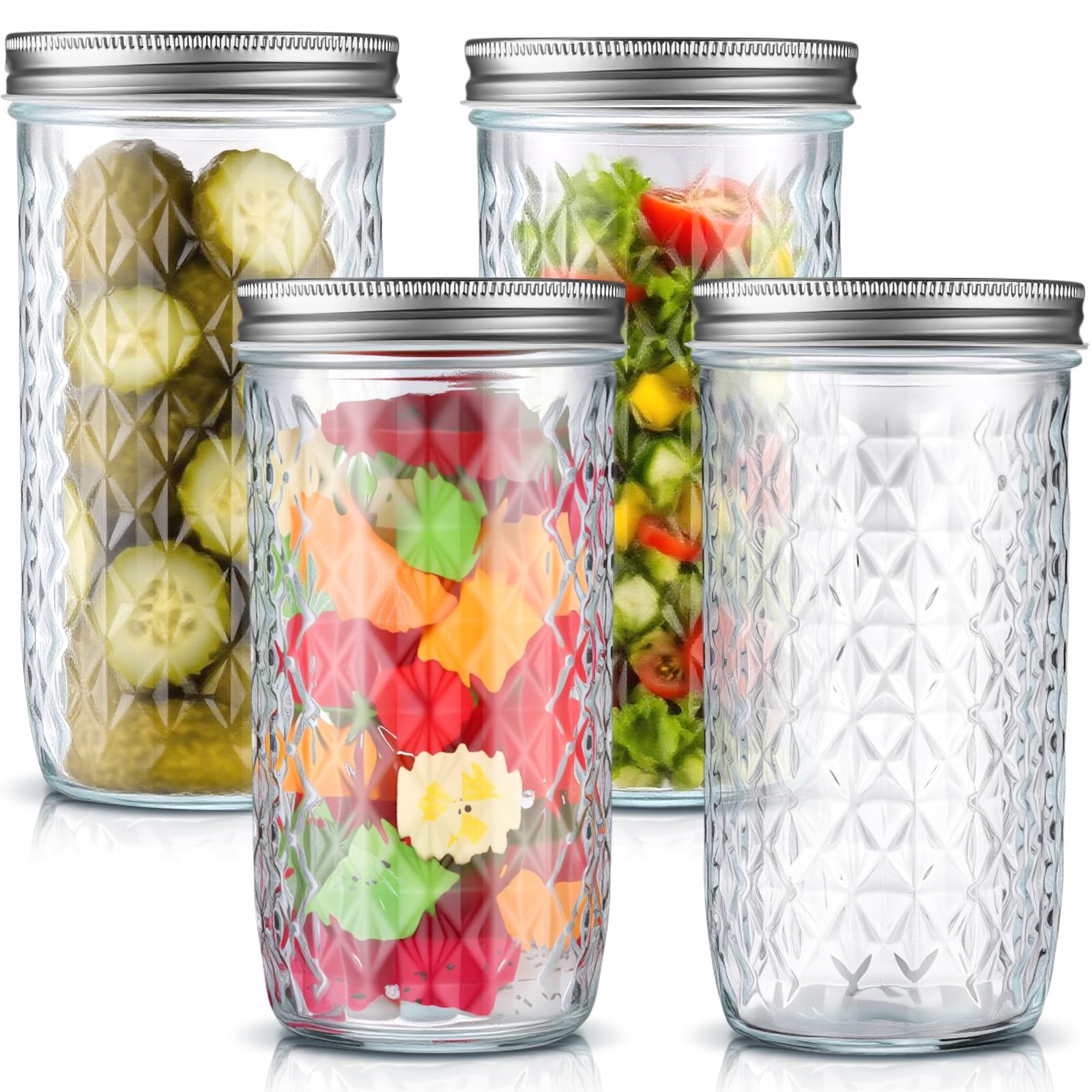 Patelai Einmachgläser im Vintage-Stil, 680 ml, 4 Stück, breite Öffnung, Einmachgläser mit luftdichtem Deckel, Glas-Diamant-Textur, Einmachgläser zum Einlegen, Fermentieren, Aufbewahren, Salat