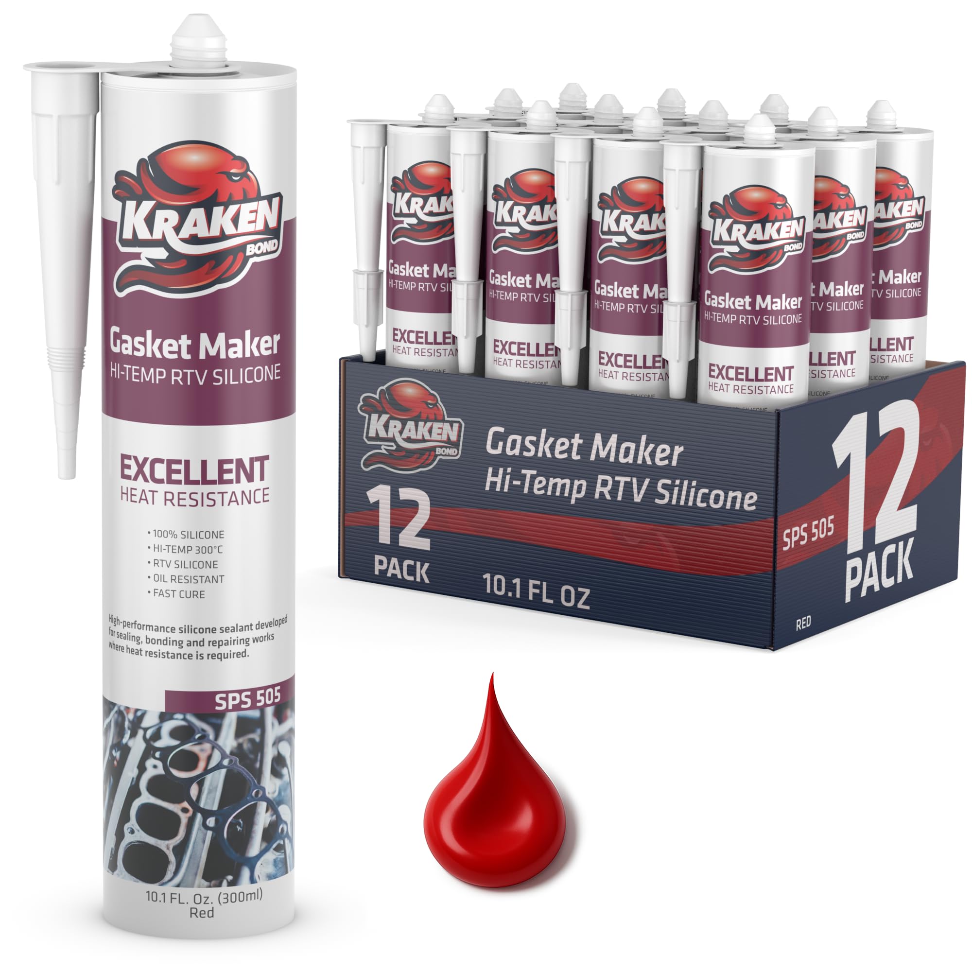 KRAKEN BONDHigh Heat Silicone Sealant - RTV Gasket Maker, Red Waterproof Gasket Sealer for Automotive, Temp Sealant, 100% Flexible Gap Filler | 12 Pack, 10.1 Fl. Oz.