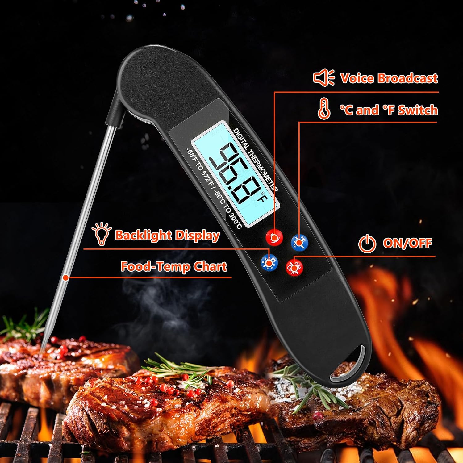 Professional Meat Thermometer, Digital Talking Thermometer for The Blind, Waterproof Design, Backlight, Instant Read Food Thermometer for Grilling, BBQ, Kitchen Use, Ideal Gift for Family