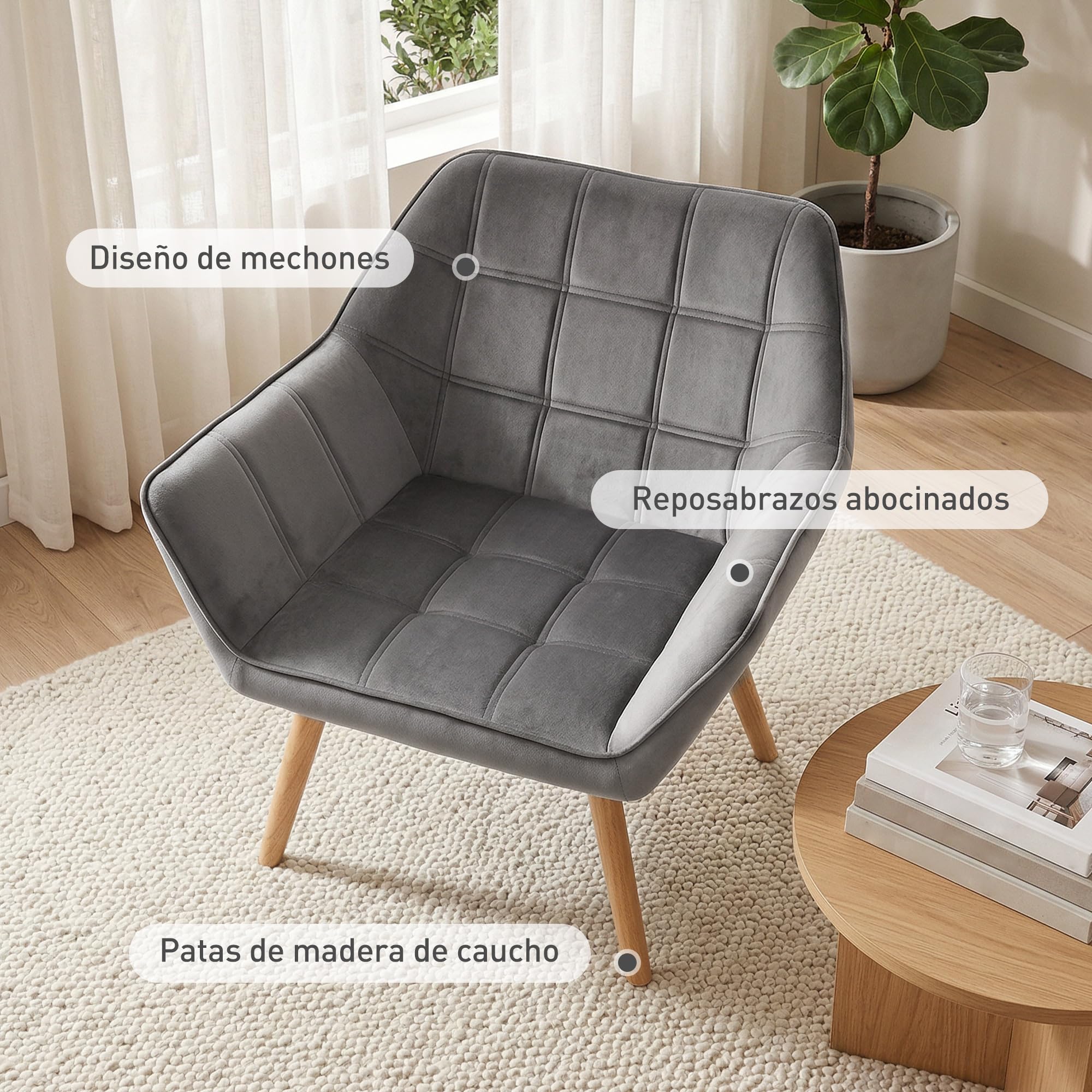 HOMCOM Butaca de Salón Moderna, Sillón Lectura Tapizado en Terciopelo con Patas de Madera, Fácil Montaje, Sillón Relax para Sala de Estar, Dormitorio y Balcón, Gris