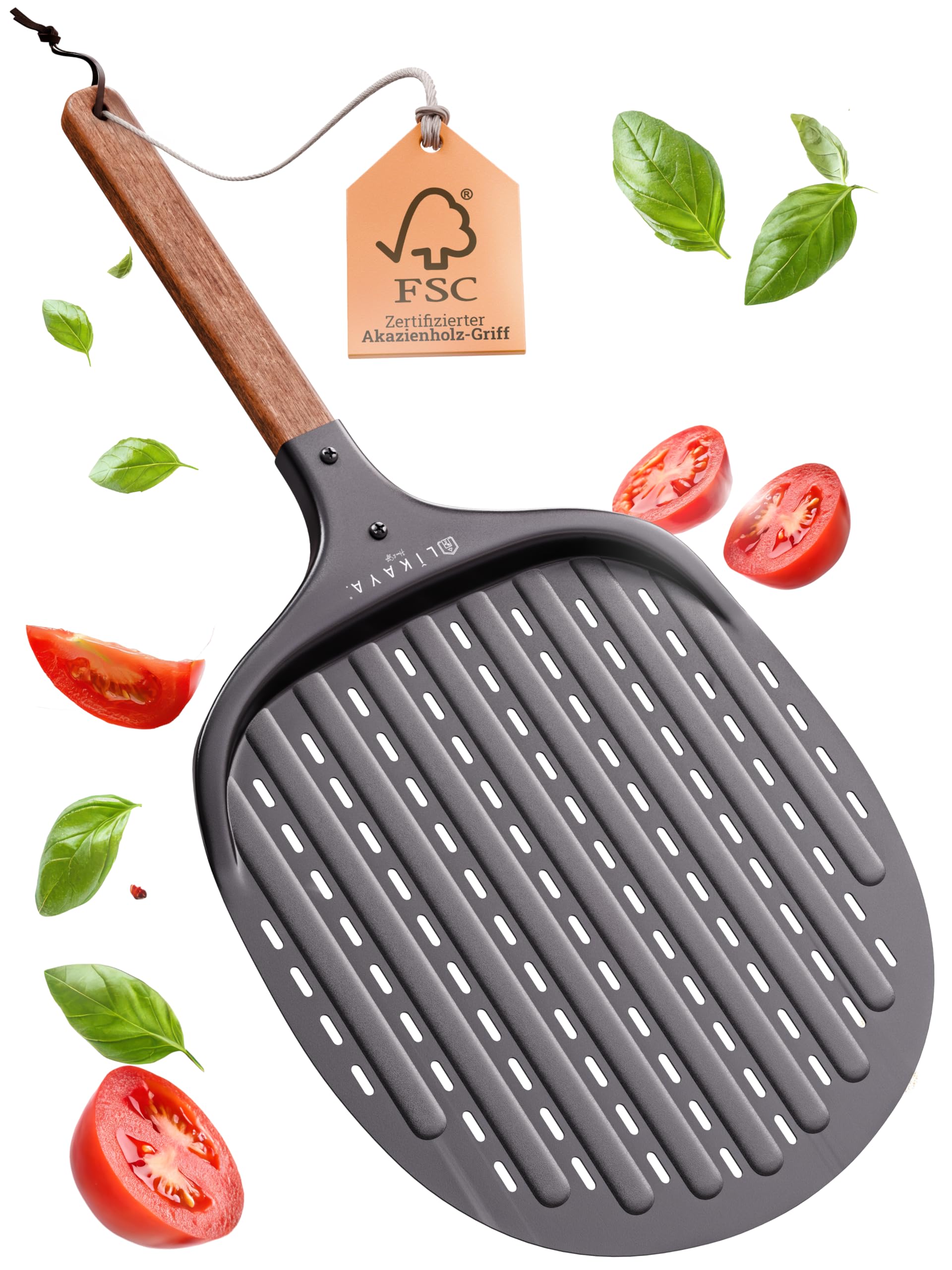 LIKAYA Pizzaschieber [32 x 32 x 62cm] Pizzaschaufel aus schwarzem Aluminium & Griff aus FSC-Akazienholz – Kein Ankleben dank Antihaftbeschichtung – für Pizzaofen & Pizzastein