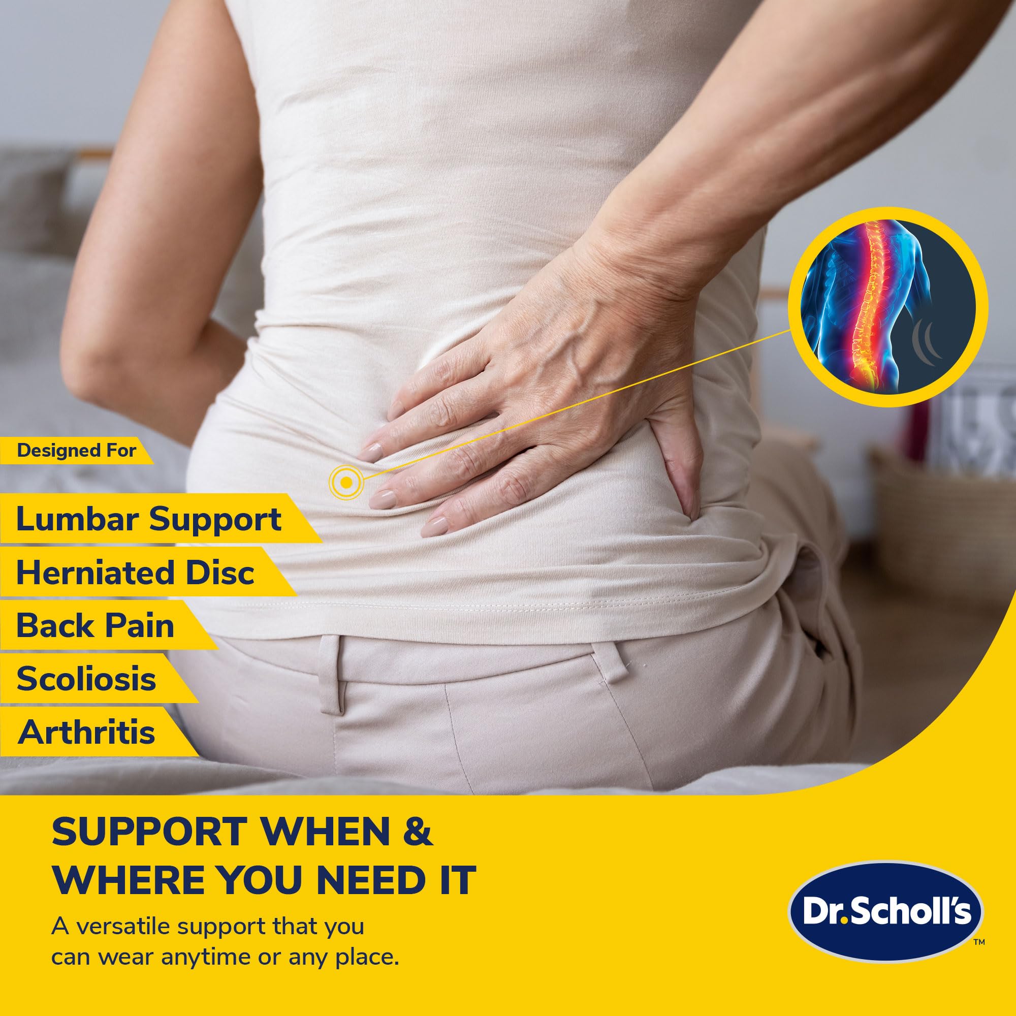 Dr. Scholl's Compression Back Support with Massaging Gel, Breathable Fabric, Shock-Absorbing Back Brace with Lumbar Support, Built-in Gel Padding & Support (Size S/M) (L/XL)