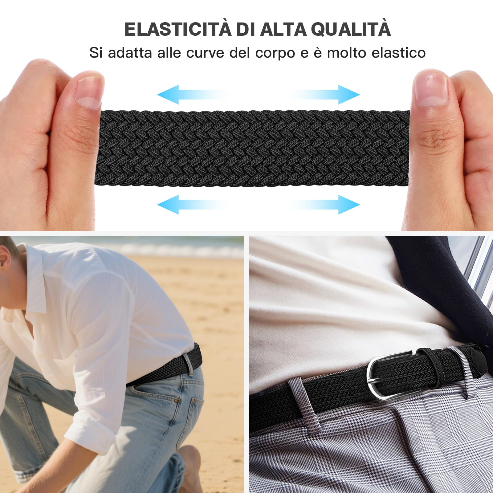 TANGCHAO 2 Pezzi Cintura Elastica Intrecciata per Uomo e Donna Cinturino Elastica Intrecciata con Fibbia in Lega di Zinco 33mm (1.25") Colori Multipli