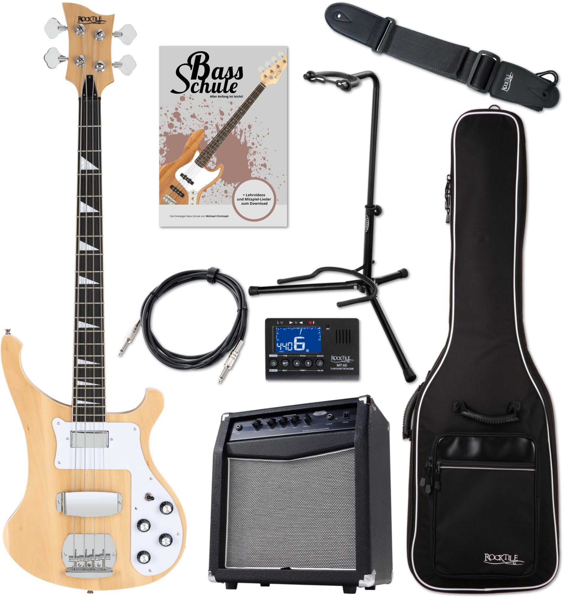 Rocktile Pro RB-400N Lumberjack E-Bass Natur Super Set, Basso, 20 tasti | Serie Pro Rocktile, Modello speciale Rockin', Corpo: Tiglio, Manico: Acero, Tastiera: Palissandro, Intarsi: Perloide, Peso: 3