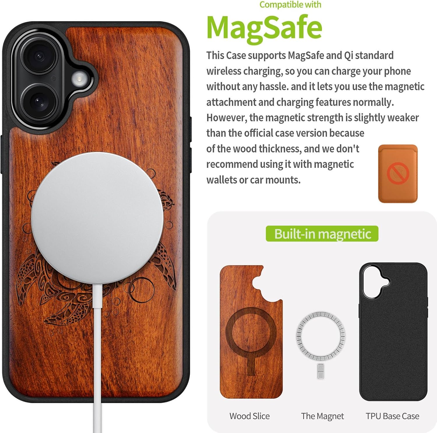 Carveit Magnetic Wooden Case for iPhone 17 Case, Wood Artisan Engraved & Black Soft TPU Shockproof Cover, Compatible with MagSafe Wireless Chargers (The Maori Turtle) Rosy