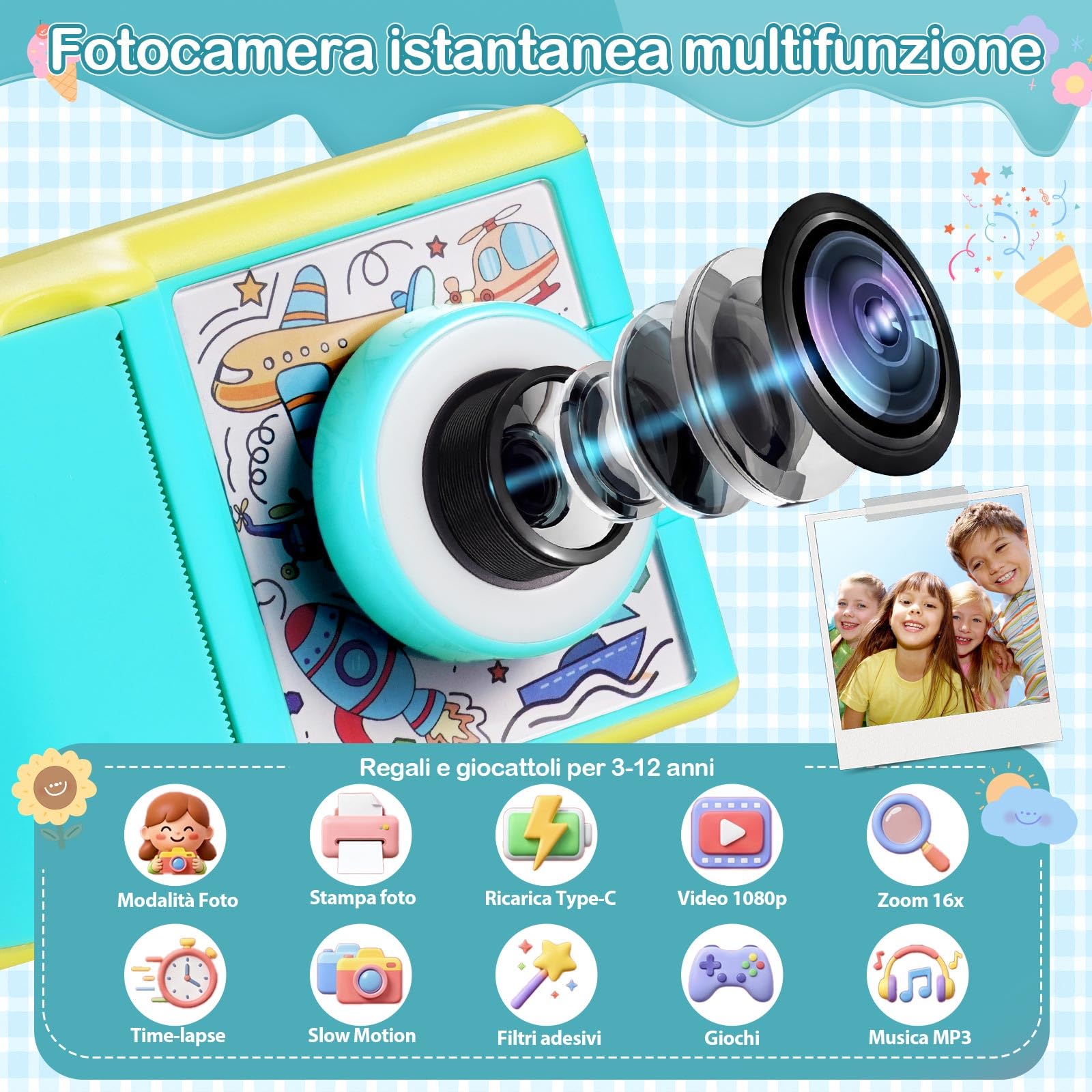 Macchina Fotografica Bambini Istantanea,Schermo IPS 2,4" Modalità Selfie e Video, 32 GB + 3 Rotoli di Carta Fotografica, Giocattolo Regalo per Natale/Compleanno Ragazze Ragazzi 3-14 Anni (Blu)