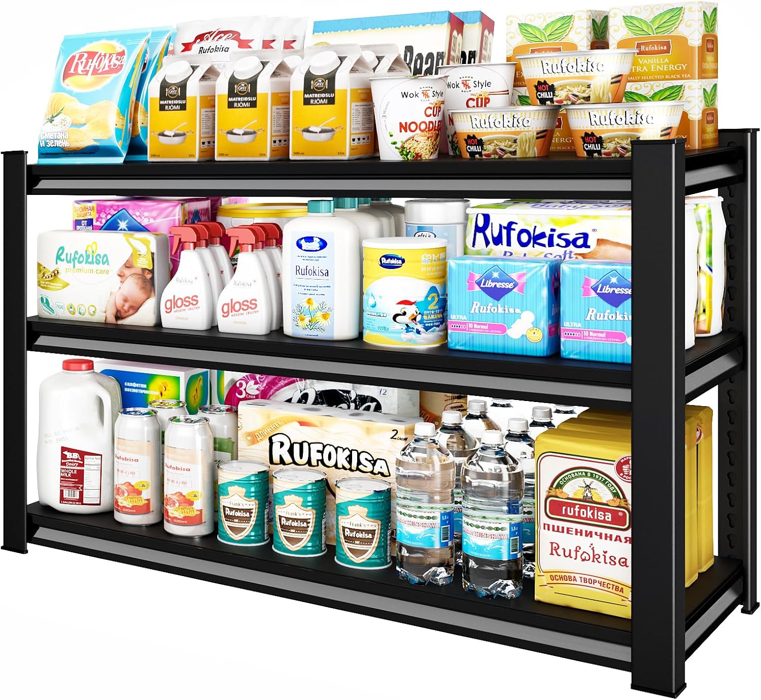 3-Tier Garage Shelving Heavy Duty，48" W Metal Shelving Unit for Garage, 1650 lbs Load Capacity Utility Rack Shelves＆ Garage Shelves, 48”W x 18”D x 39”H(Black)