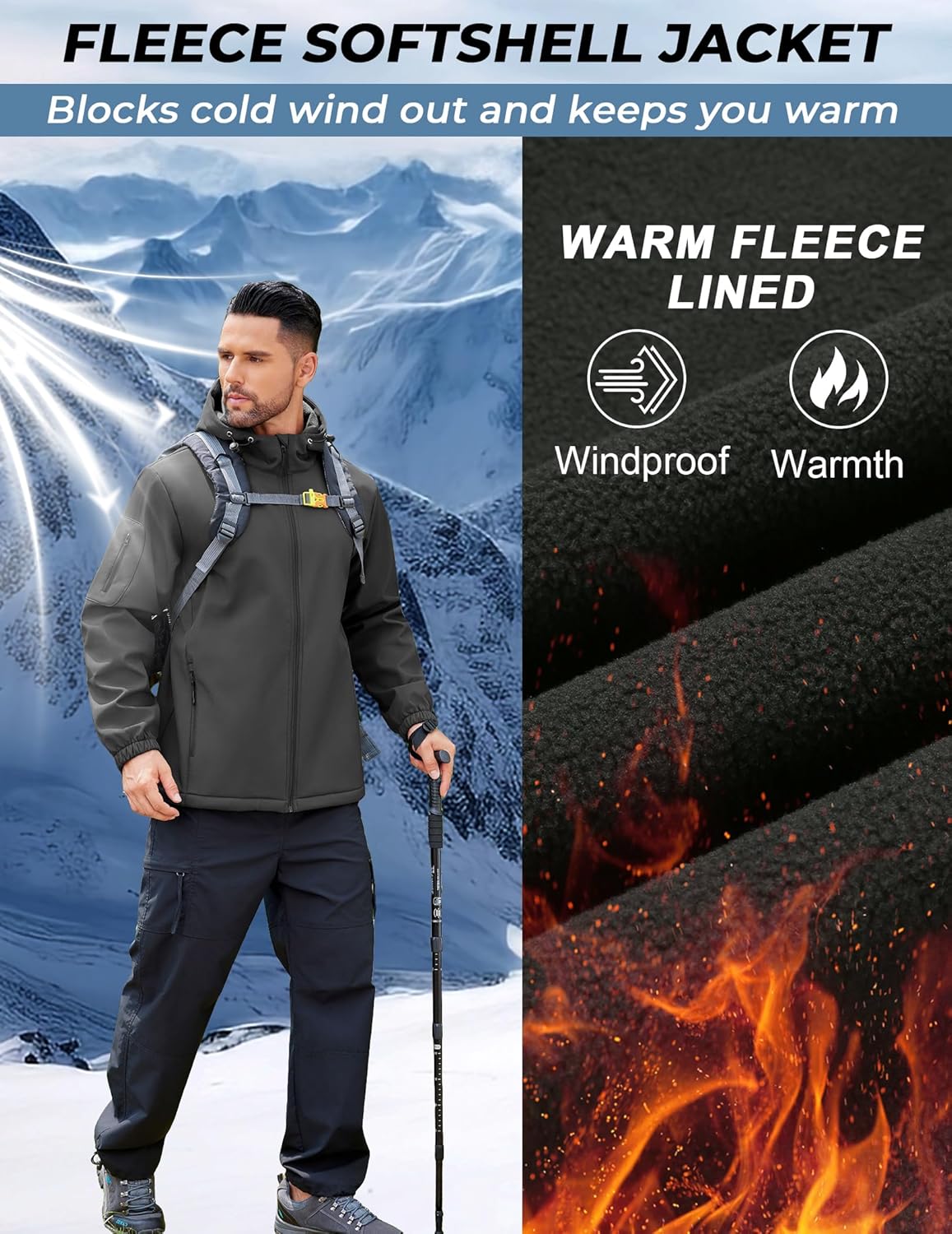 COOFANDY Men's Hooded Softshell Jacket Waterproof Fleece Lined Windbreaker Lightweight Outdoor Hiking Jacket - Image 2